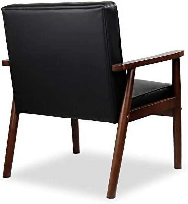 ZFGSUIJN Mid-Century Retro Modern Solid Wood Armrest Accent Chair  Faux Leather Tufted Back Upholstered Lounge Chairs  Living Room  (Black 8325)