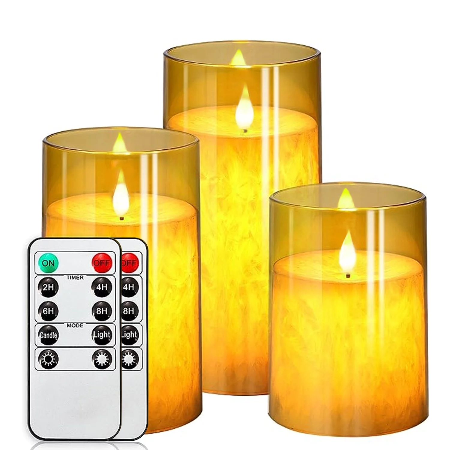 Flickering Flameless Candles Set of 3,LED Warm 3D Wick Light Pillar Candle Acrylic Battery Operated Candles with Remote and Timer Real Wax Christmas Home Table Decor, Gold, D 3