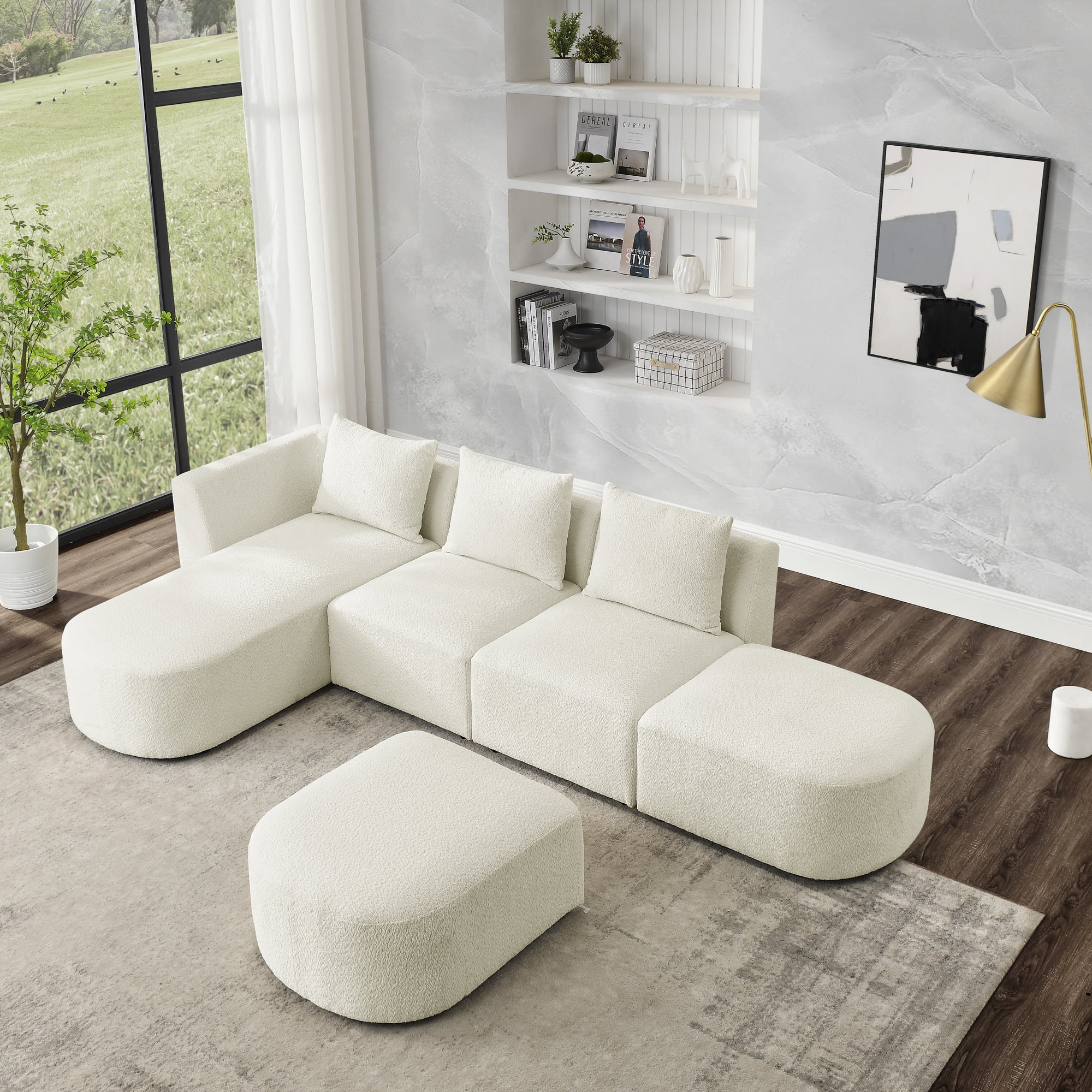Homiyad L Shape Sectional Sofa with Left Side Chaise and Ottoman, Modular Sofa, Diy Combination, Loop Yarn Fabric, Beige