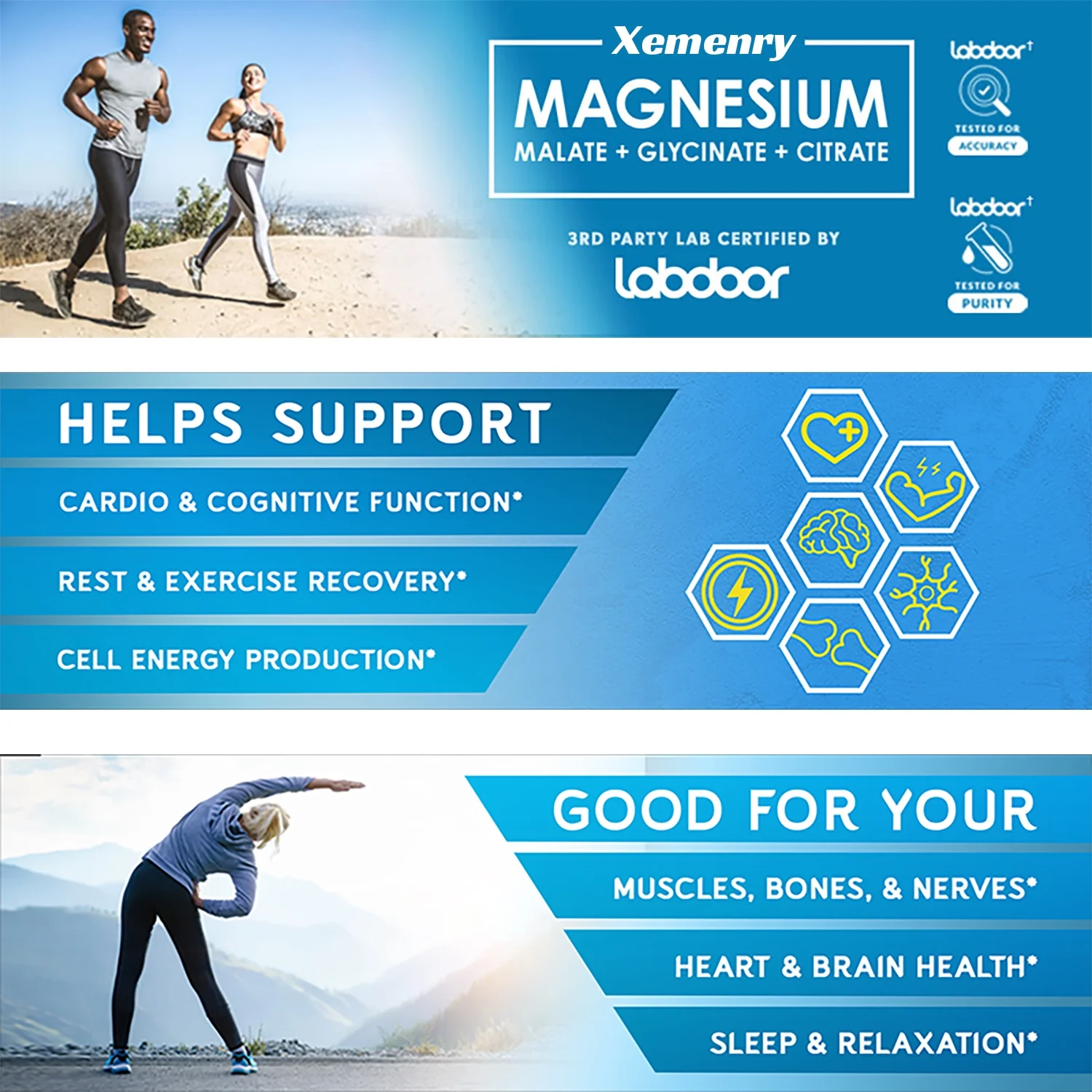 Xemenry Triple Magnesium Complex - Magnesium Malate, Glycinate, Citrate -Muscle Health(30/60/120pcs)