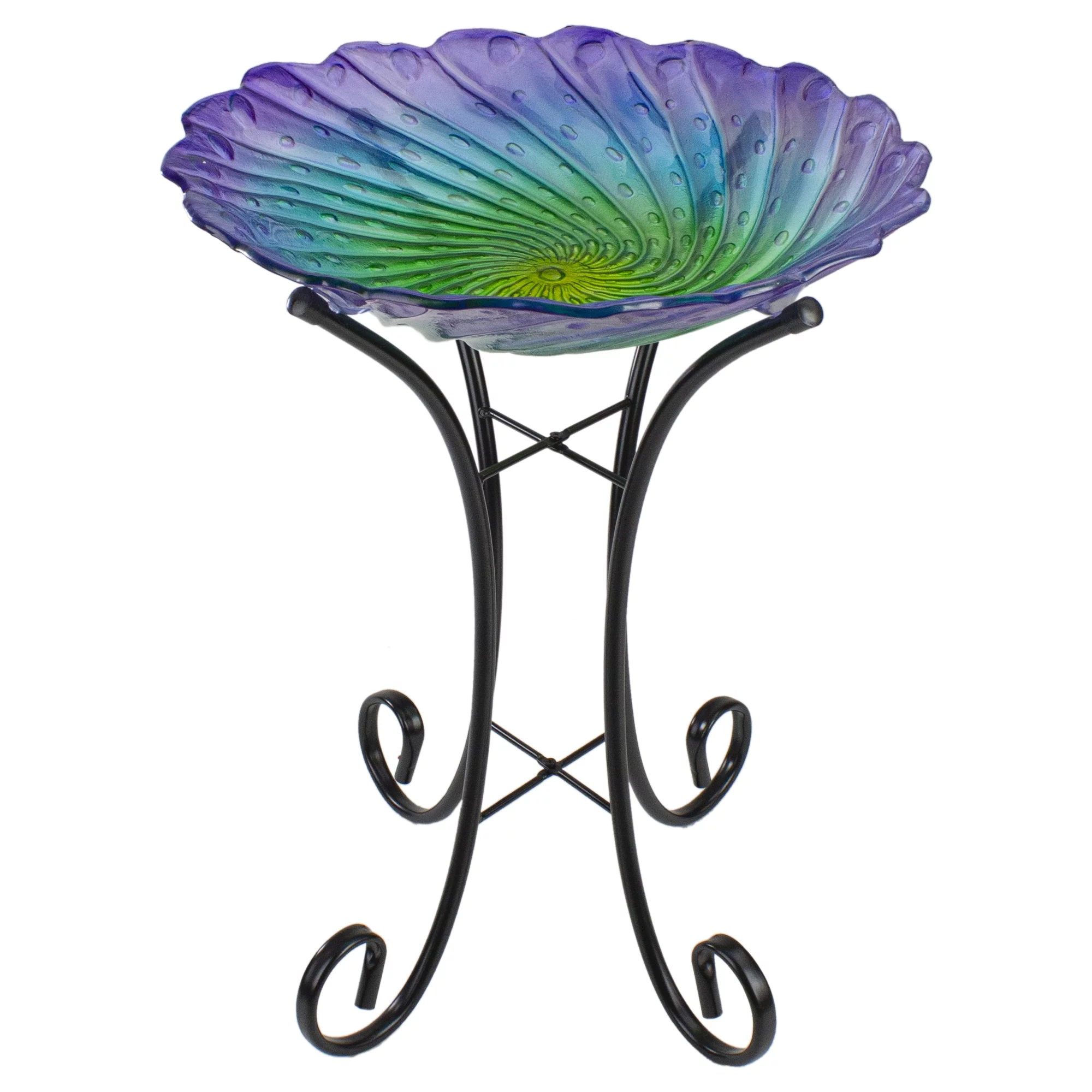 Northlight 18” Purple and Green Swirled Hand Painted Glass Outdoor Birdbath