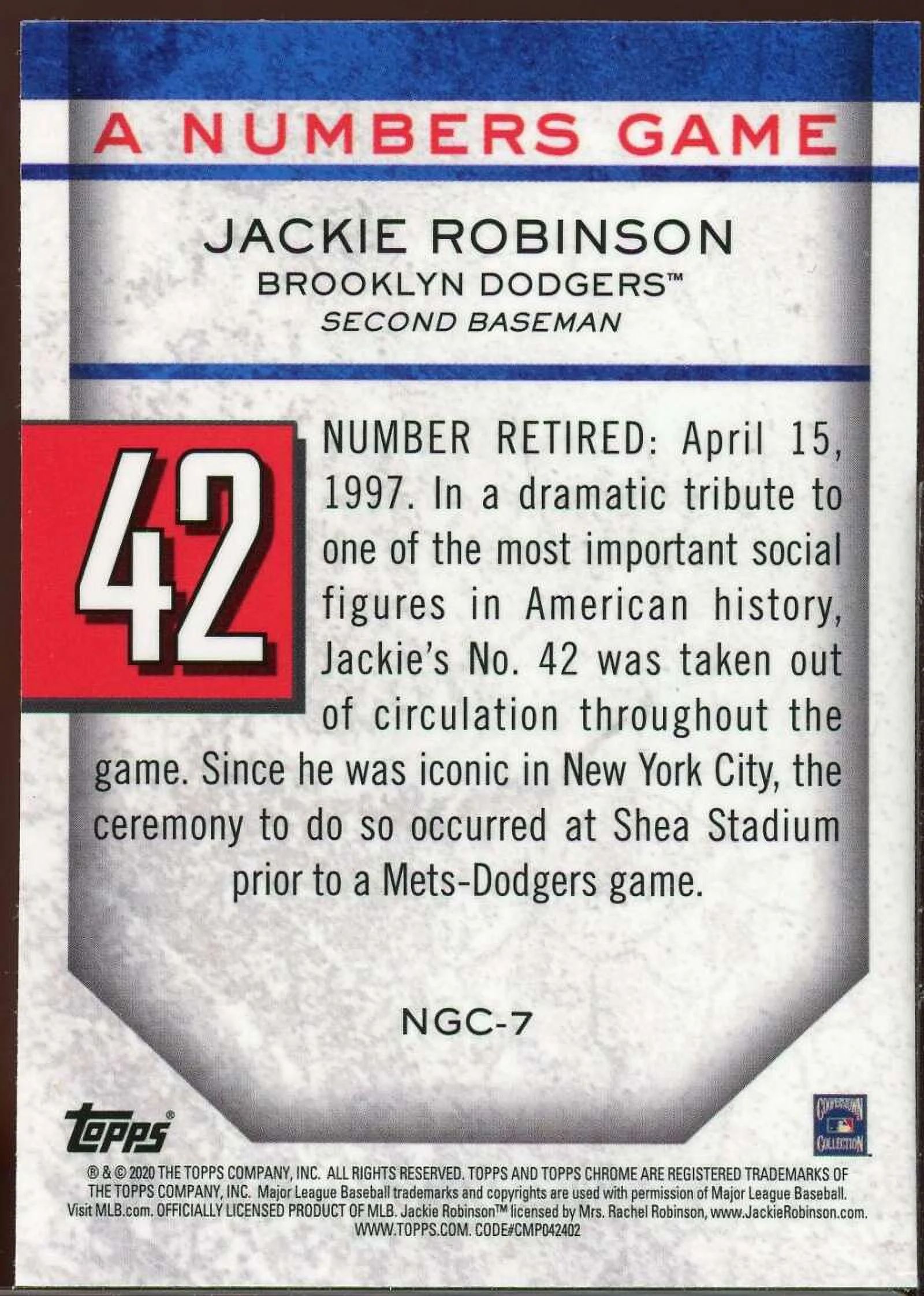 Jackie Robinson Card 2020 Topps Chrome Update A Numbers Game #NGC7