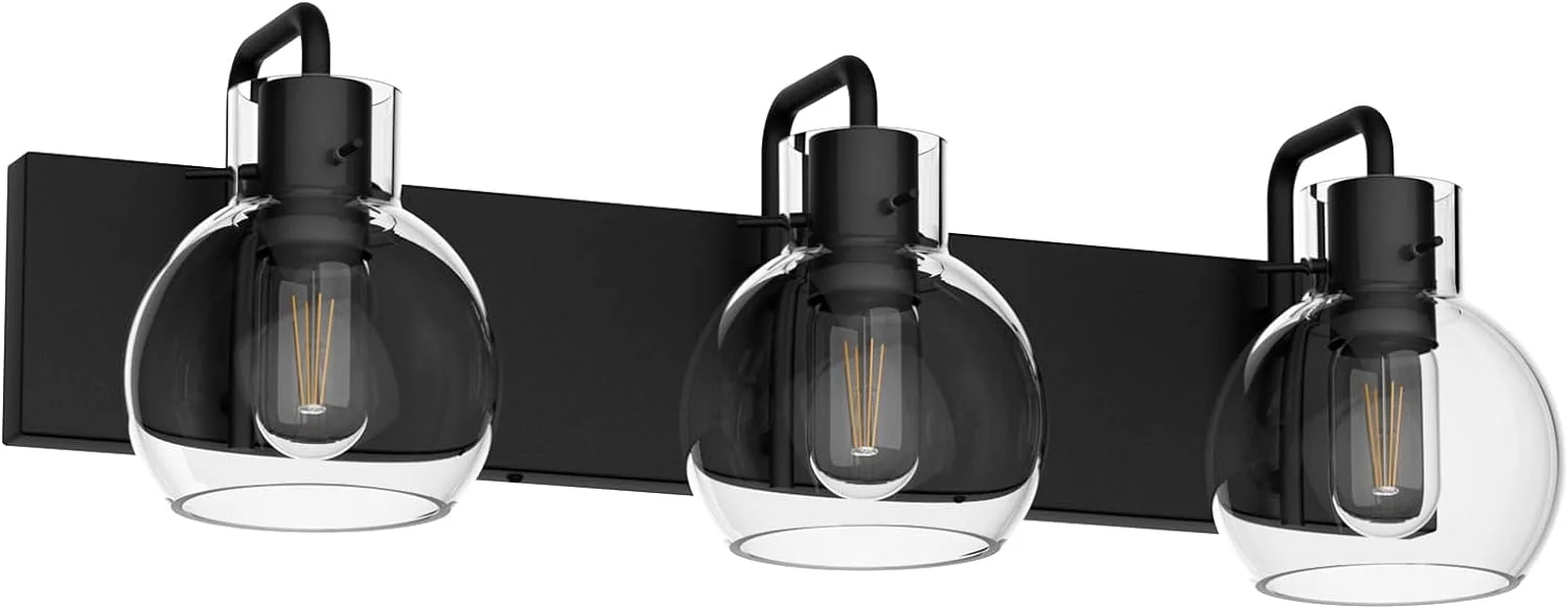 CXIAN Industrial Bathroom Vanity Lighting Fixtures 3-Lights Farmhouse Matte Black Finish with Globe Clear Glass Vanity Lights Vintage Bath Lighting(Exclude Bulb)