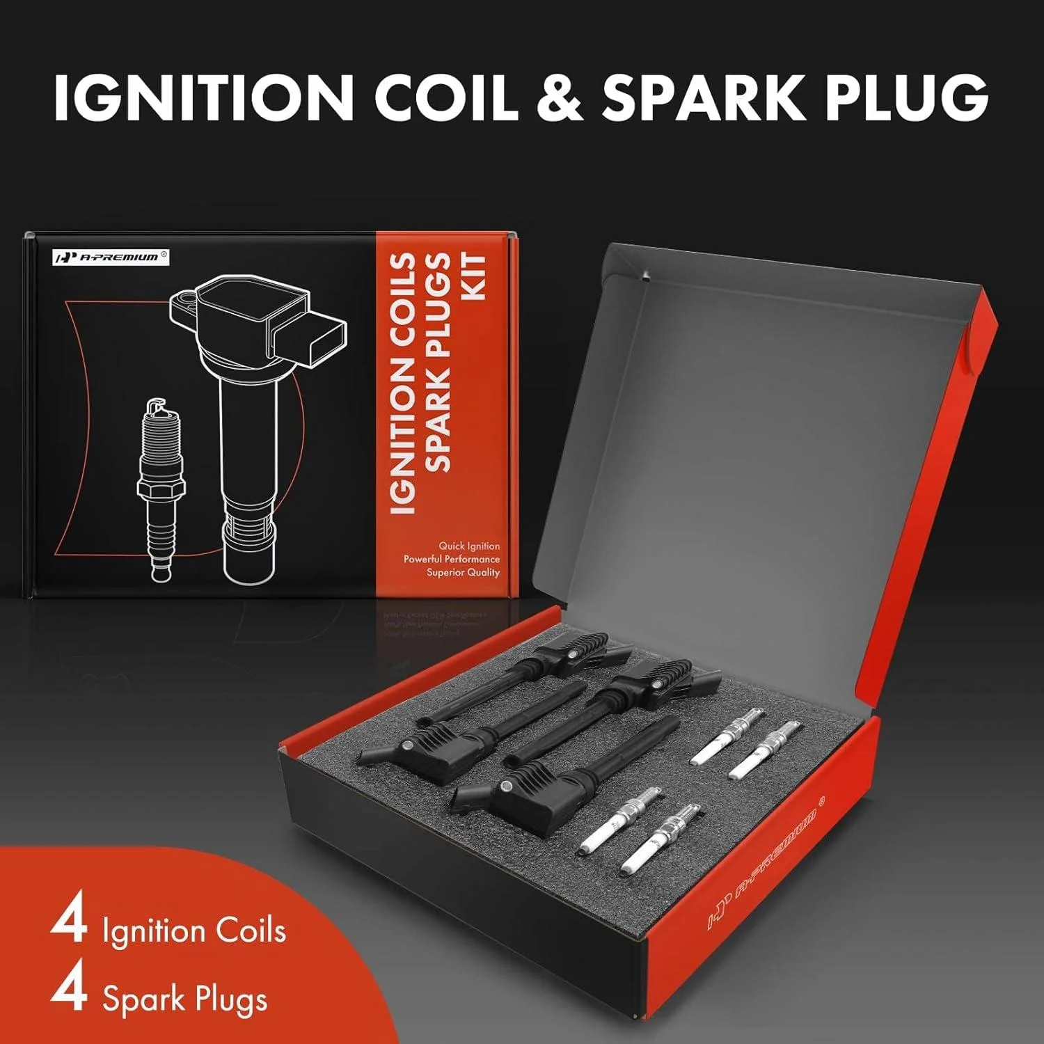 A-Premium Set of 4 Ignition Coil Pack and Iridium Spark Plugs Compatible with Volkswagen Jetta 2013/2016-2018 & Audi A3 Sportback e-tron 2016-2018, 1.4L, Replace# NGK95463, 04C905110H