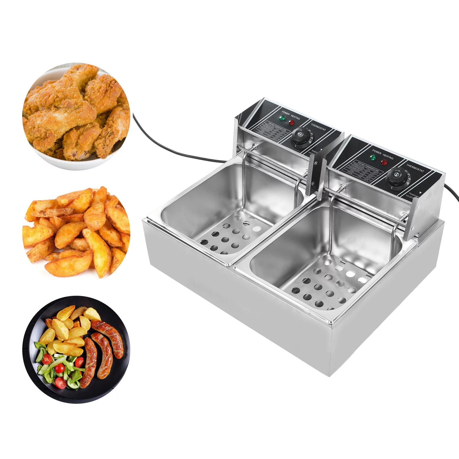 Electric Deep Fryer Double Cylinder Double Basket Stainless Steel Countertop Fryer Adjustable Temperature US Plug 110V 2500+2500W