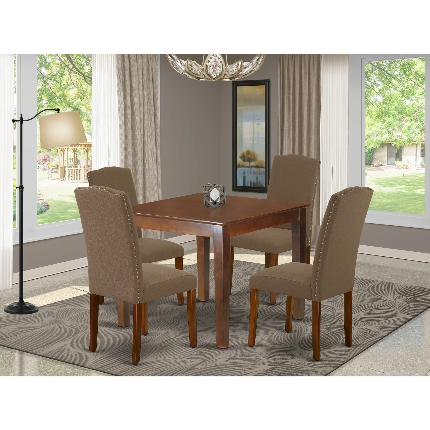 HomeStock Global Glam 5Pc Square 36 Inch Table And Four Parson Chair With Mahogany Leg And Linen Fabric Dark Coffee