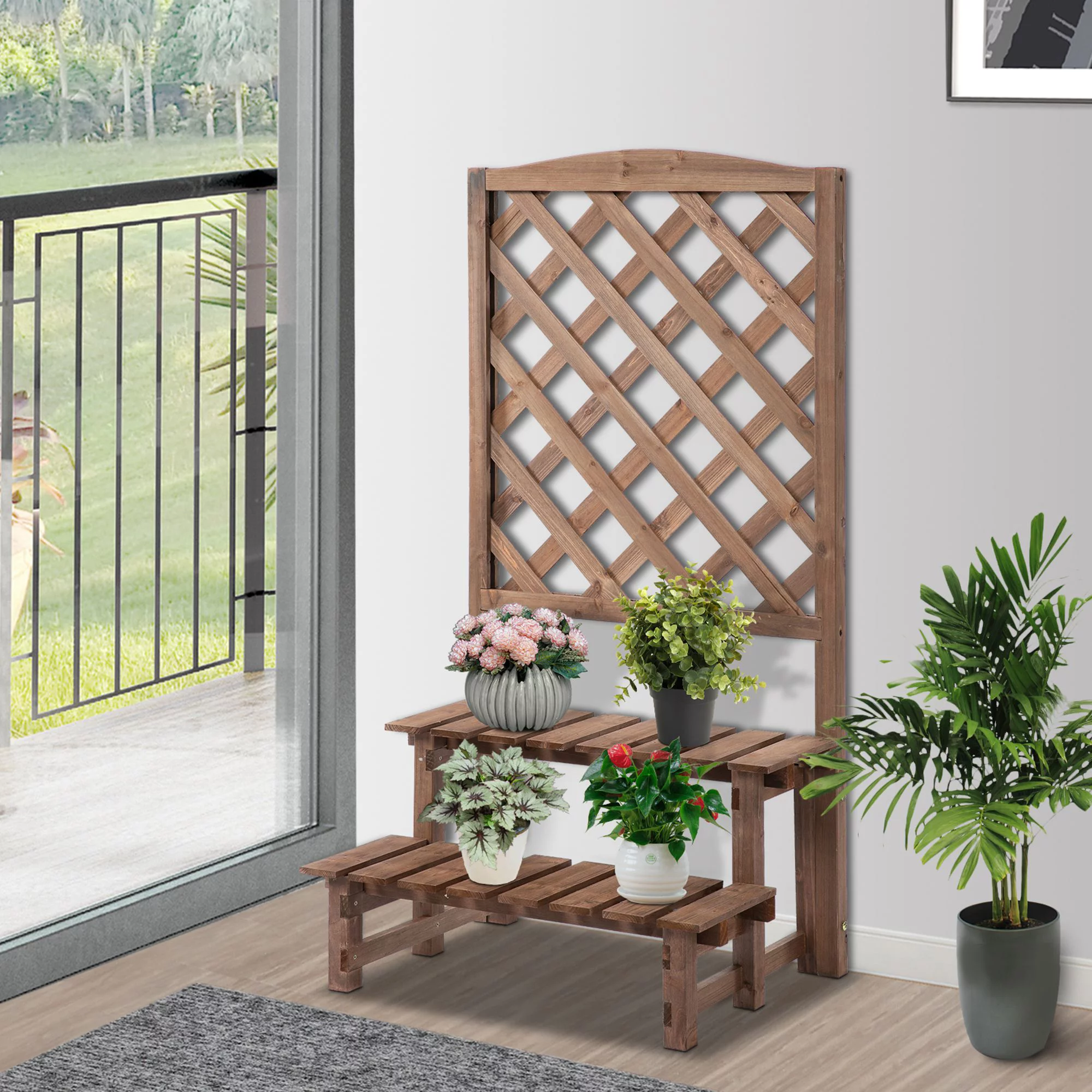 Outsunny 2-Level Wooden Garden Plant Stand with Climbing Vine Trellis, Brown