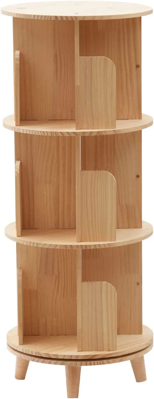 Fichiouy Wood 3 Tier Floor Standing 360 Rotating Bookshelf for Bedroom Living Room Office