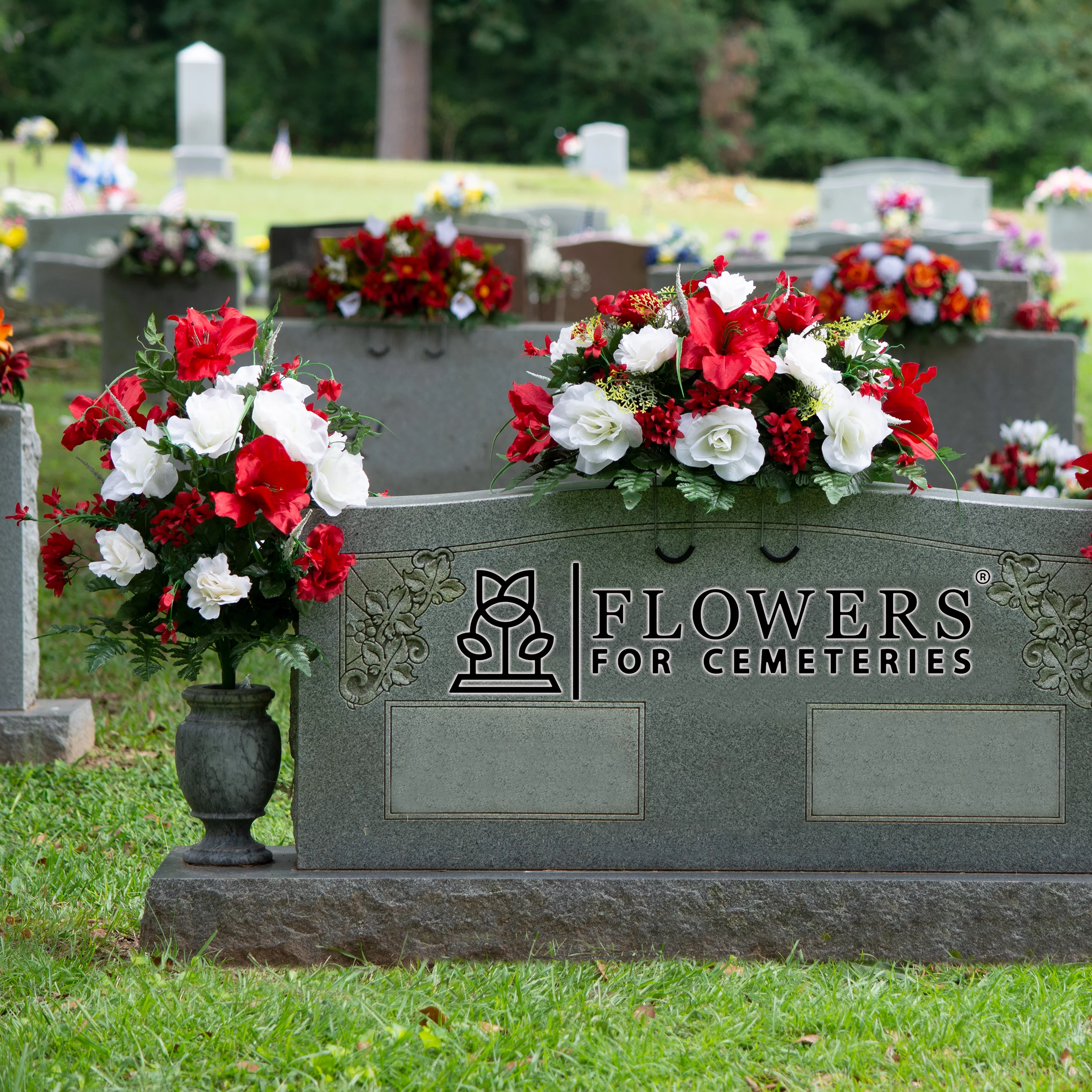 Sympathy Silks Artificial Cemetery Flowers Red Amaryllis White Roses 1 Bouquet & 1 Saddle