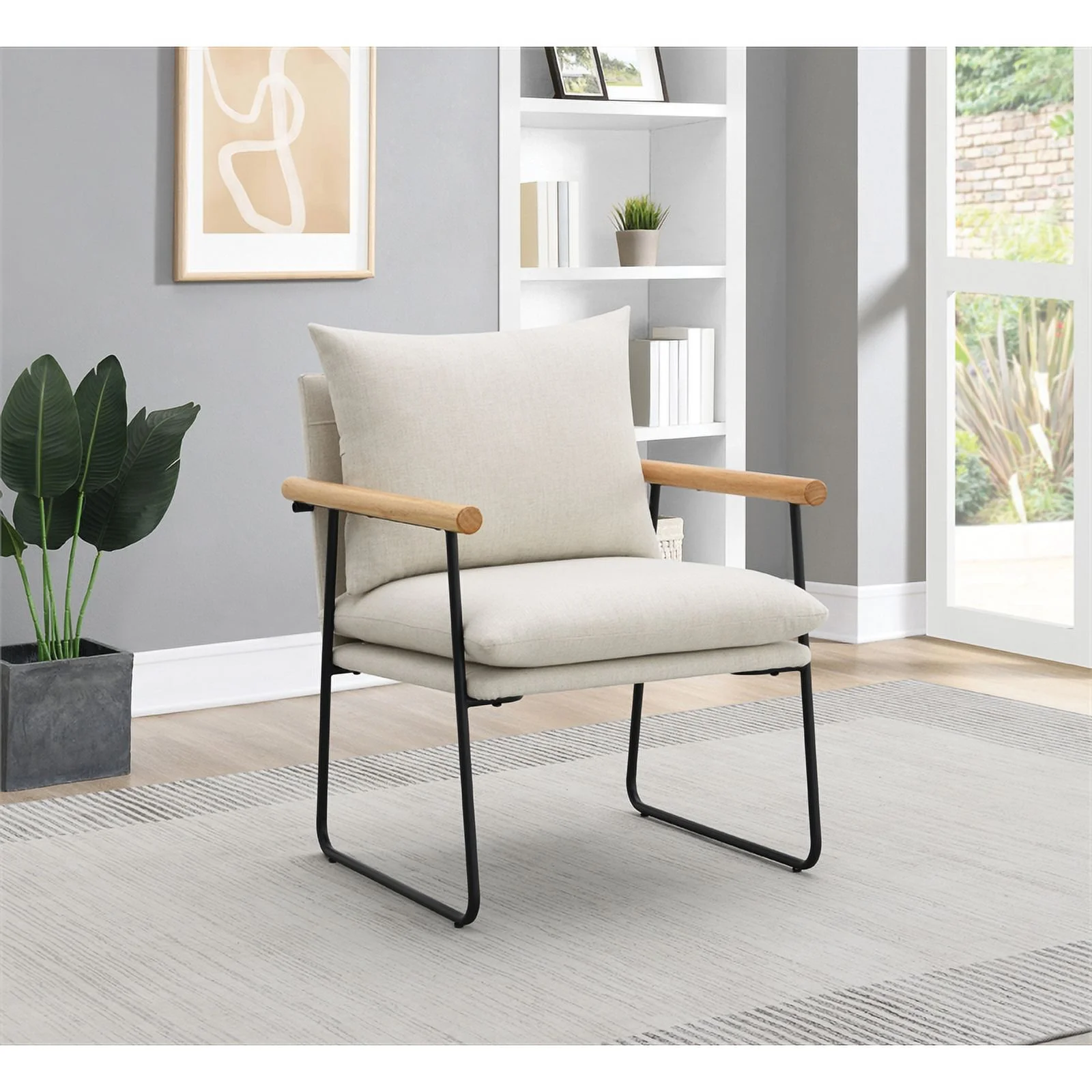 Dutton Armchair in Ivory Fabric with Natural Arms and Black Sled Base