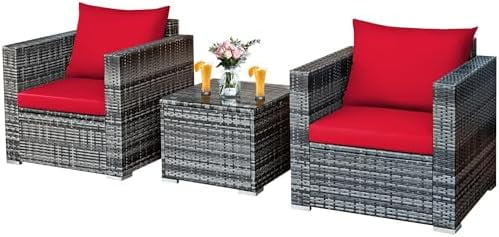xrboomlife 3 Pieces Patio  Set  Outdoor Rattan Sofa Couch Set with Cushions  Tempered Glass Coffee Table  Wicker Patio Conversation Set for Lawn Backyard Poolside Balcony  Red