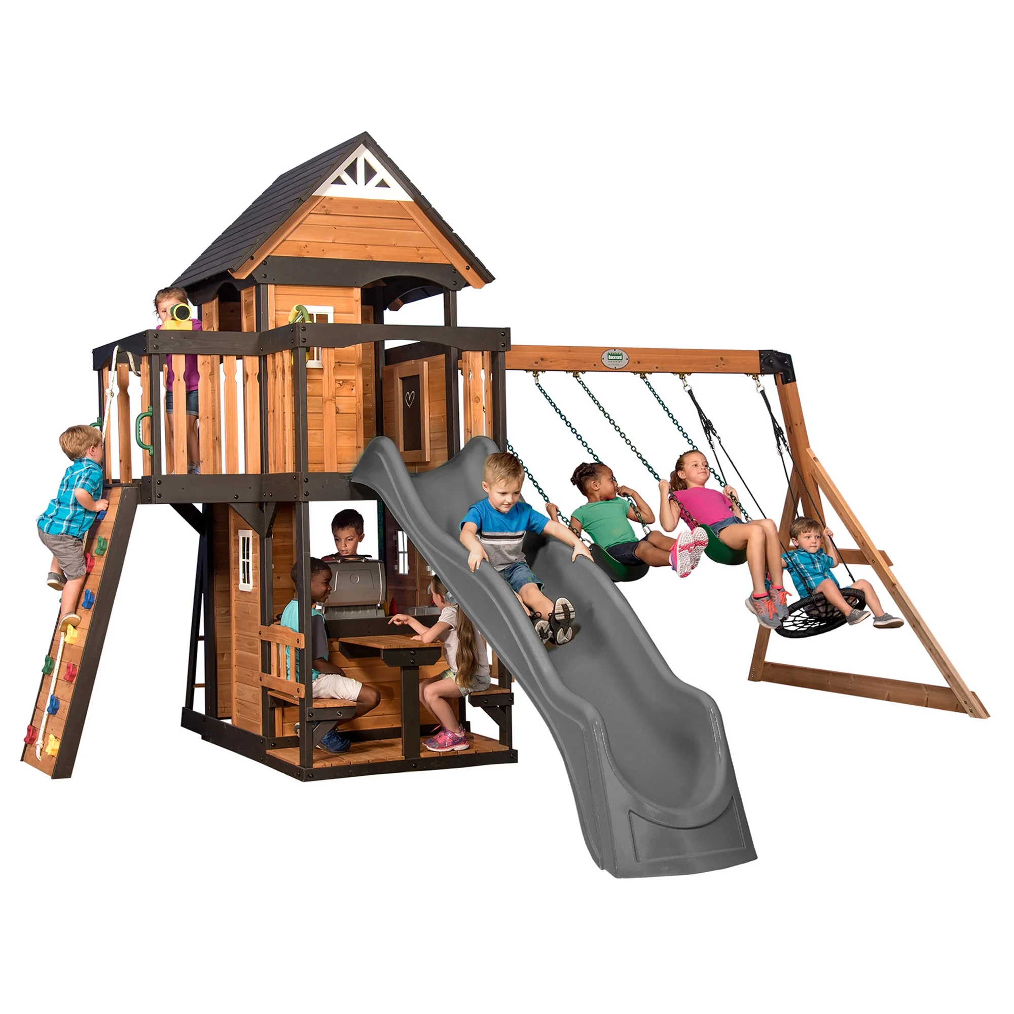 Backyard Discovery Canyon Creek Swing Set With Gray Wave Slide