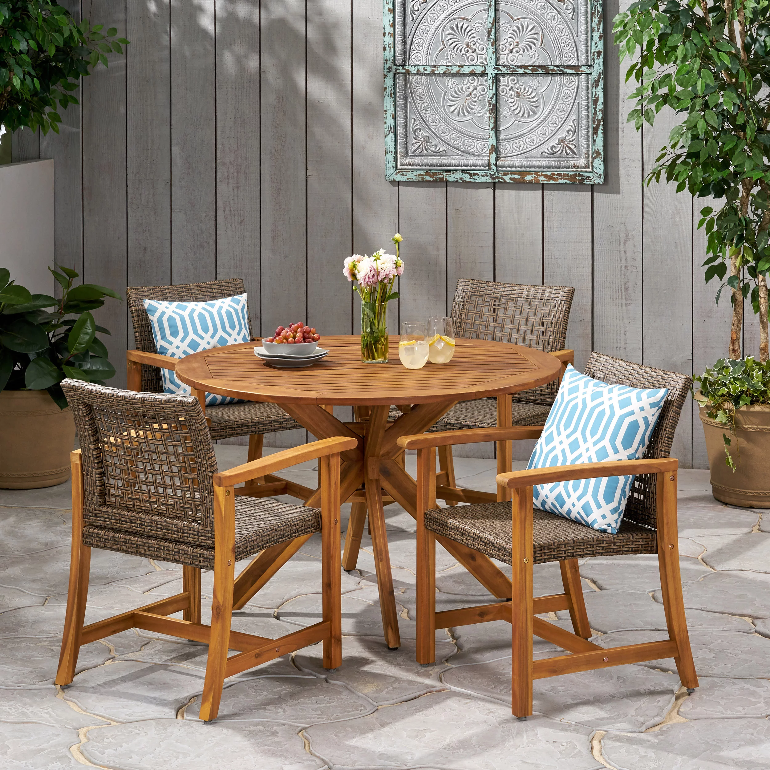 GDF Studio Blaine Outdoor Acacia Wood and Wicker 5 Piece Dining Set, Teak and Mixed Mocha