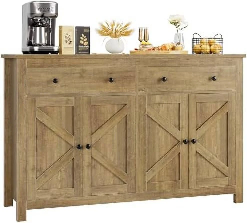 JYHOME Sideboard Buffet Cabinet with   55.1" Large Buffet Cabinet Kitchen Cabinet with 2 Drawers and 4 Doors  Farmhouse Coffee  Cabinet Buffet Table Sideboard Cabinet for Kitchen