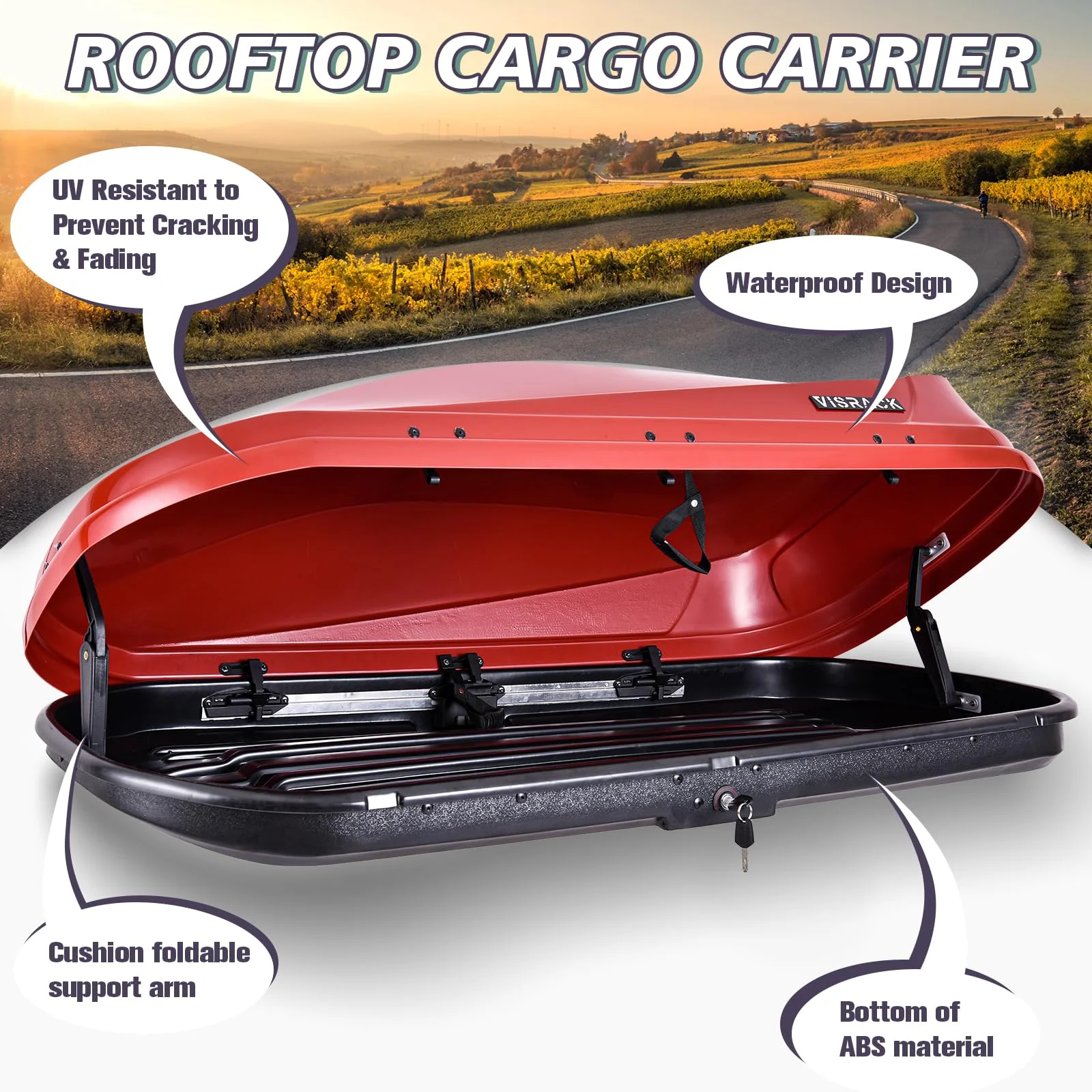 Gxcevsou Large Rooftop Cargo Carrier Box, Heavy Duty Hard Shell Roof with Security Keys, Waterproof Rooftop Cargo Box, 62 (L) x 31 (W) x 15(H) Inches, 14 Cubic Feet (Tool-Free Install), Red