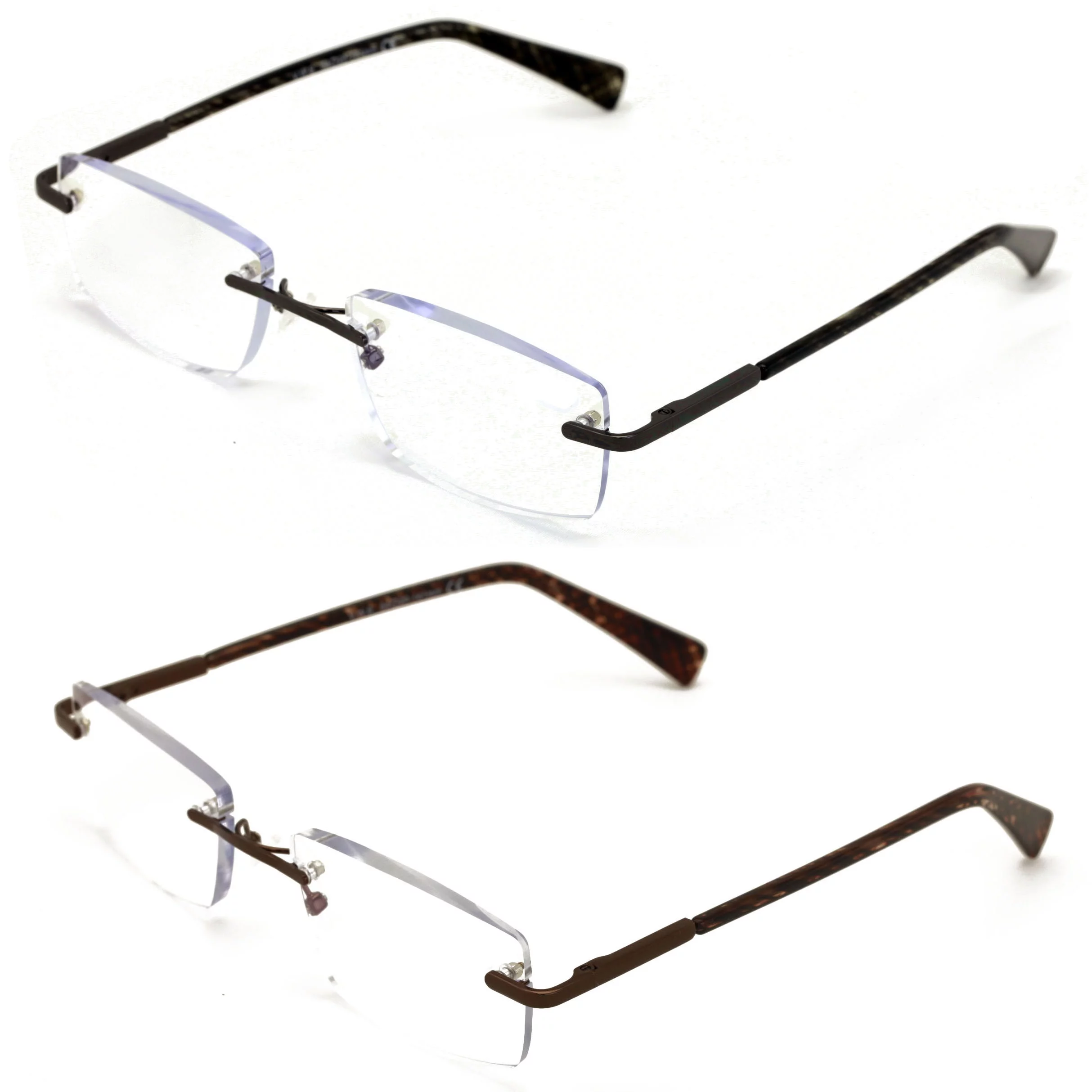 2 Pairs Men Premium Metal Rimless Modern Rectangular Anti-Blue Blocker Reading Glasses - Clear Lens Reader Carbon Temple Print +1.75