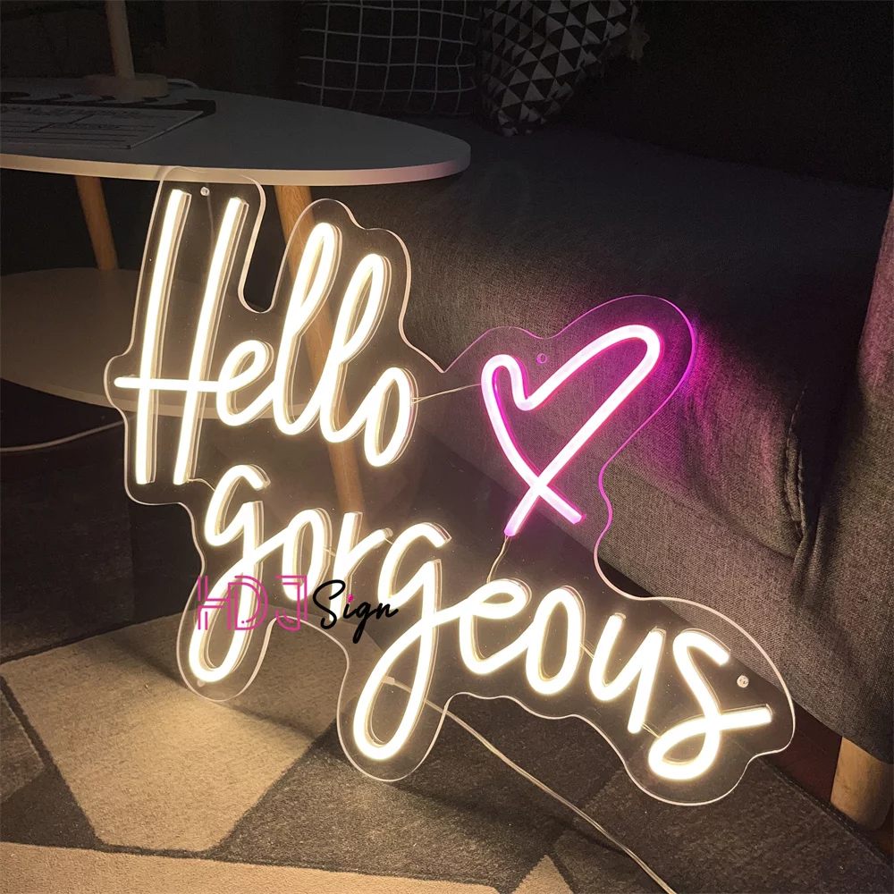 Hello Gorgeous Neon Sign, Warm White LED Neon Light Letters Decorative Wall Lights for Girls Room Wedding Anniversary Engagement Birthday Party(23.62x16.92inch)