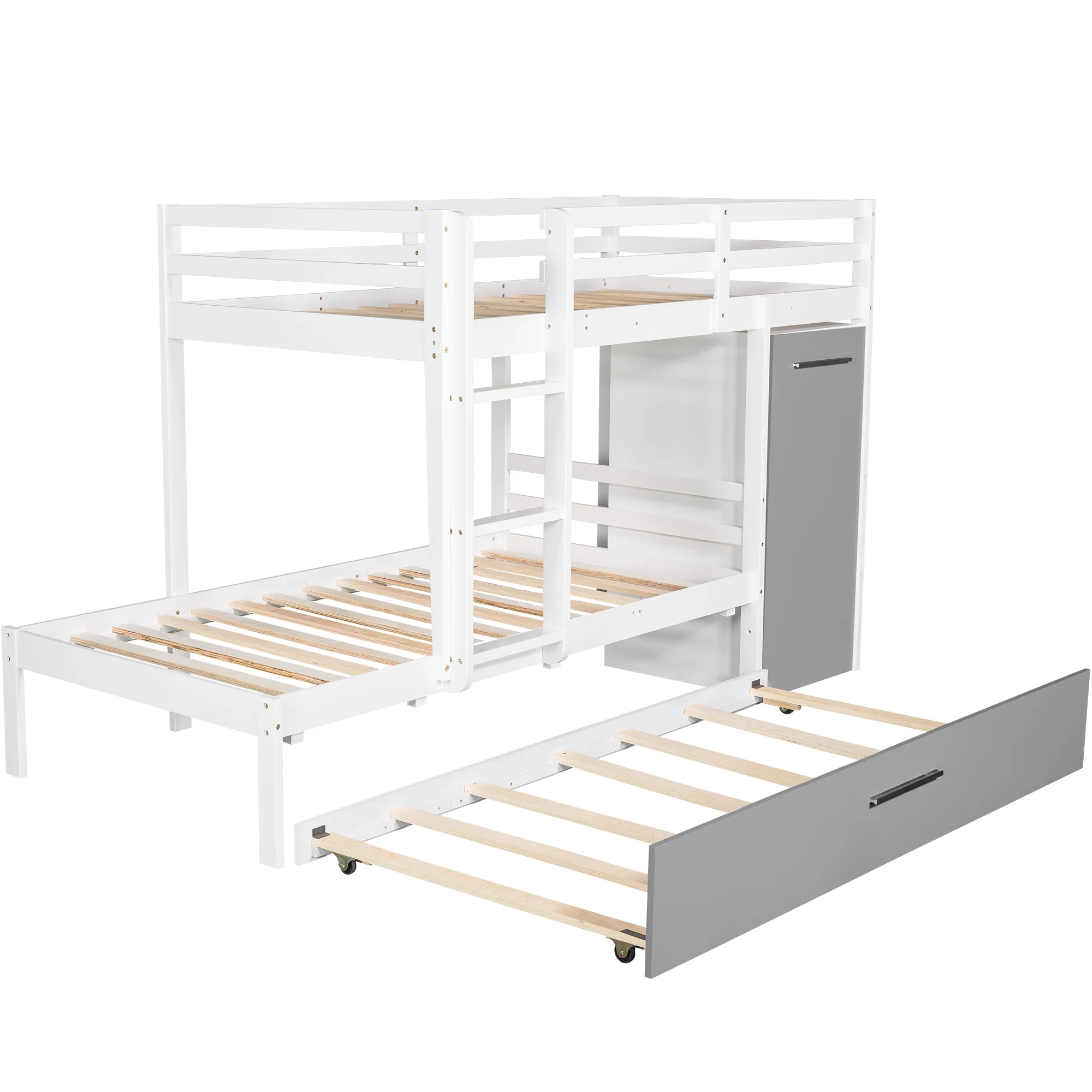 Twin over Twin Bunk Bed with Cabinet and Trundle, White