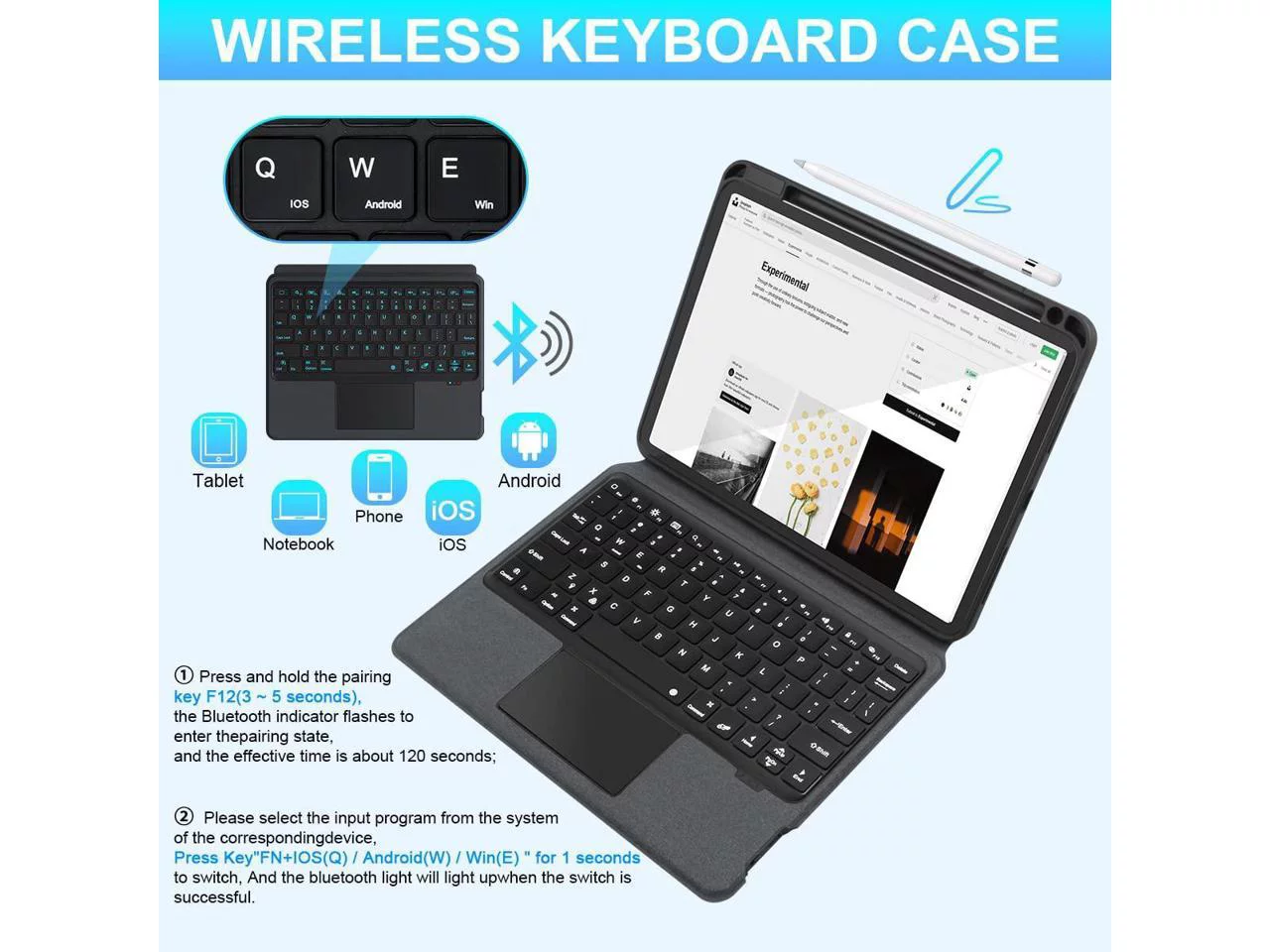 Wireless Keyboard Case with Touchpad for iPad Pro 12.9 inch 6th Generation 2022 / 5th Gen 2021 / 4th Gen 2020 / 3rd Gen 2018 with Pencil Holder, Backlit