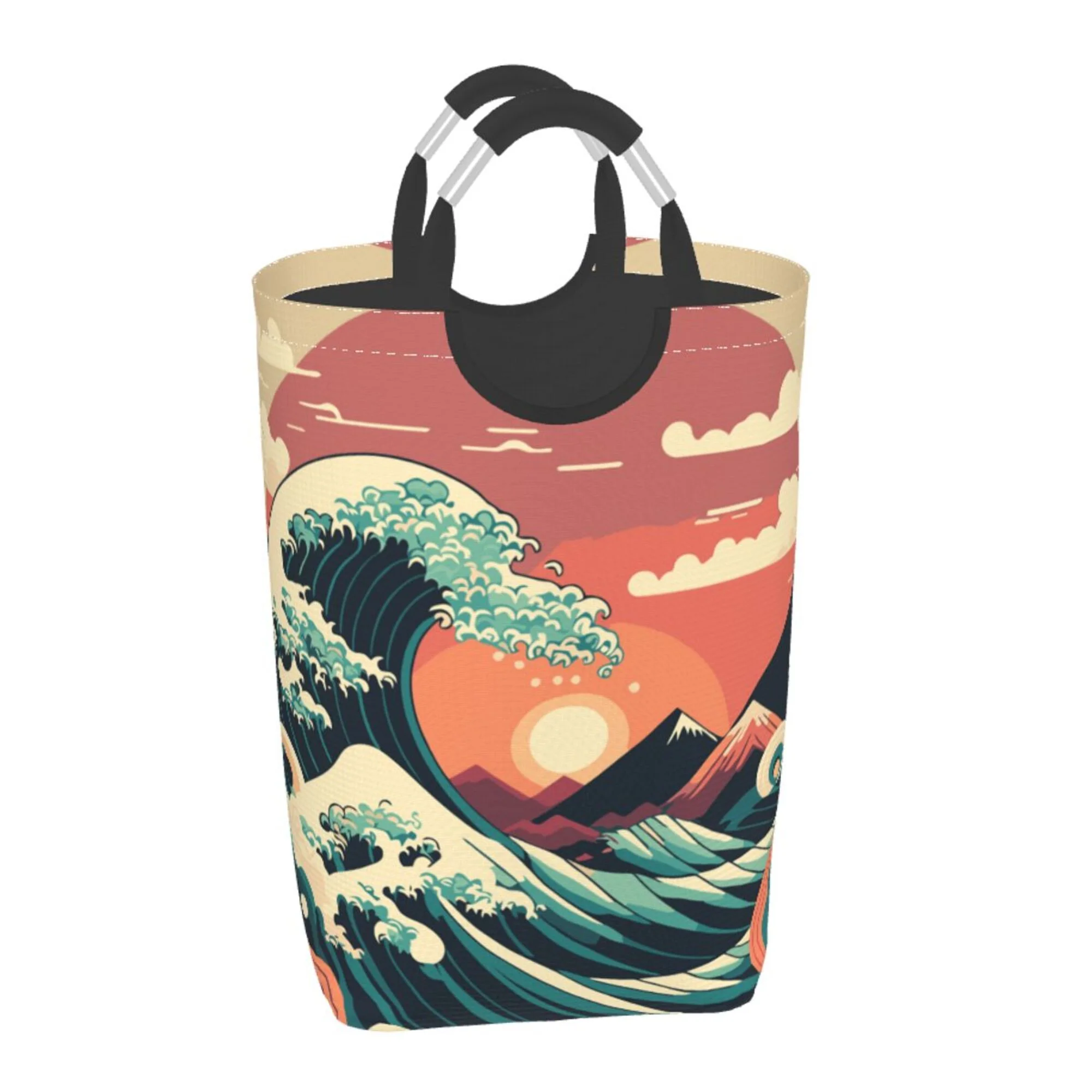 TEQUAN 50L Large Rectangular Laundry Hamper with Aluminum Handles, Japanese Style Big Ocean Waves Prints Waterproof Foldable Dirty Clothes Basket
