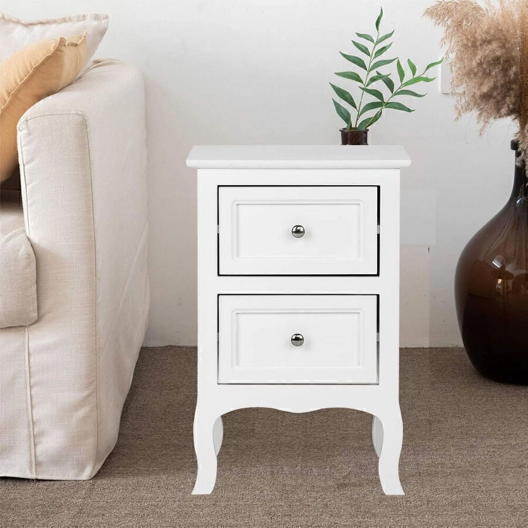 White Wood Nightstand 2 Drawers End Table Bedroom Storage Bedside