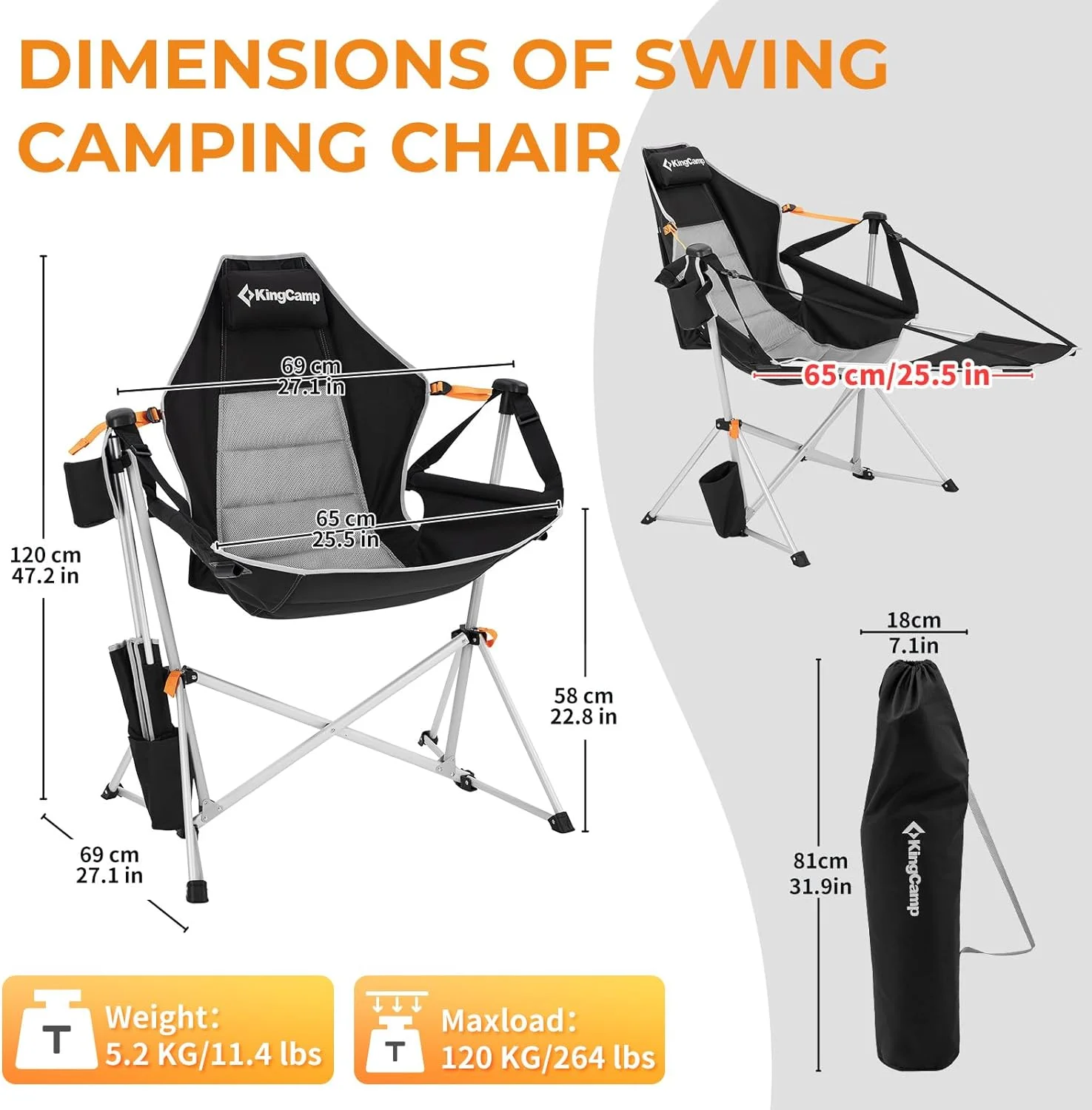 HYUN Hammock Camping Chair, Aluminum Alloy Adjustable Back Swing Chair, Folding Rocking Chair with Removable Footrest Pillow Cup Holder for Outdoor Beach Lawn