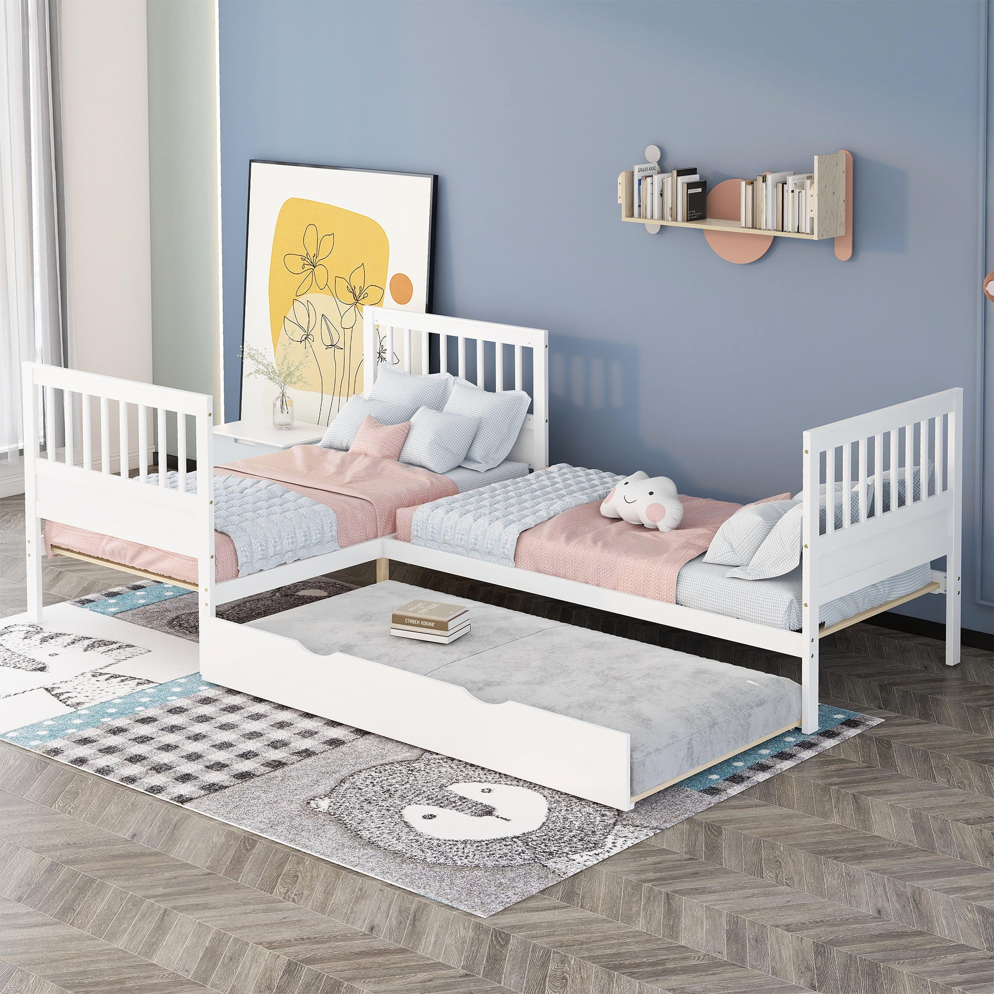 Twin Size L-Shaped Platform Bed with Trundle for Kids, White