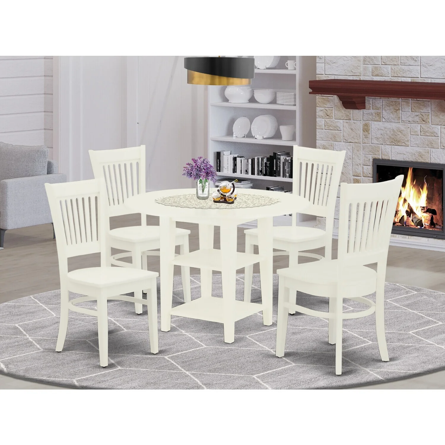 HomeStock Rustic Retreat 5-Piece Round Dining Table Set 4 Modern Dining Chairs With Slatted Back And A Wooden Seat And Drops Leaves Dining Table With Round Top And 4 Legs- Linen White Finish
