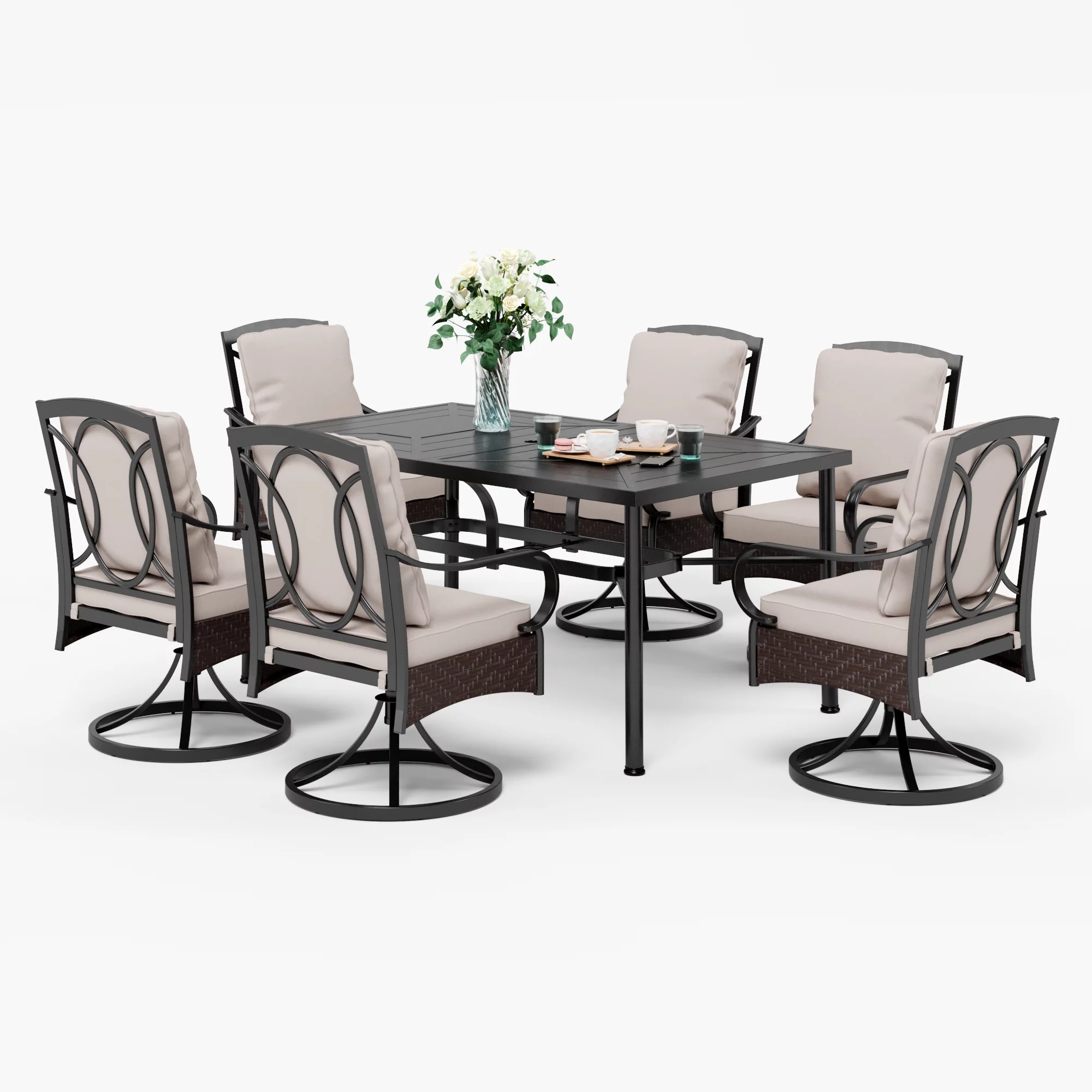 MF Studio Outdoor Patio Dining Set 7 Pieces, Outdoor Patio Metal Dining Furniture Set Swivel Chairs with Rattan Deco for Yard