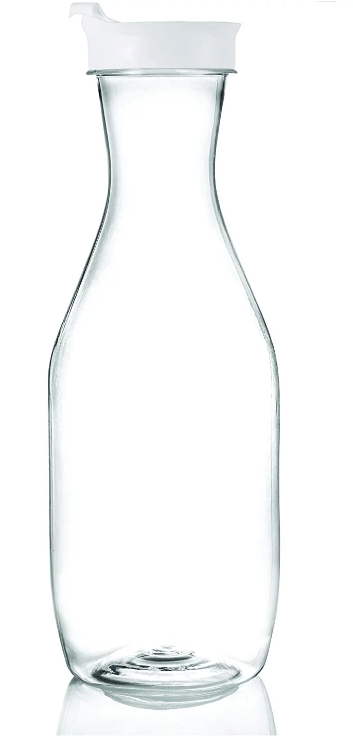 [6 PACK] Clear Plastic Heavy Duty Pitcher - Large Water Carafes, Plastic Bottles with Flip Top Lid, Beverage Pitchers with Lid - BPA Free Plastic Decanter, Juice, Ice Tea, Picnic, Catering (50 Oz)