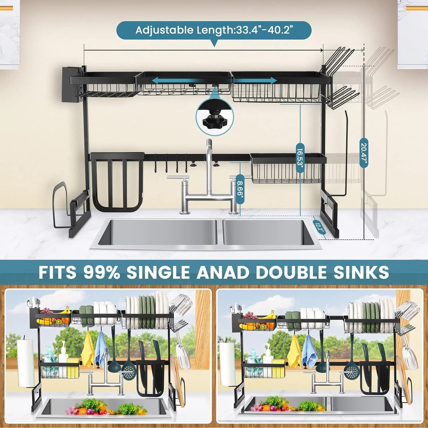 Over The Sink Dish Drying Rack Large Capacity Length Adjustable(33.4