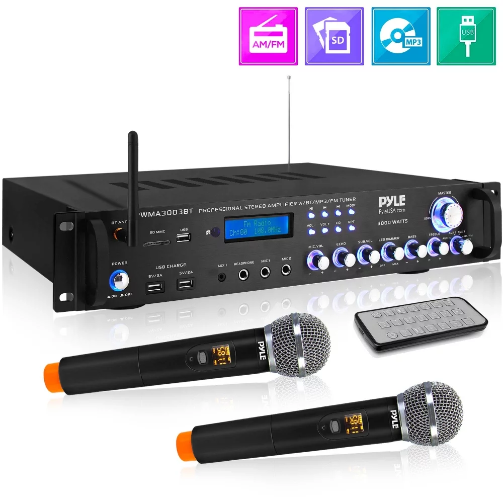Pyle 3000W 4 Channel Bluetooth Hybrid Amplifier Receiver w/ Microphones & Remote