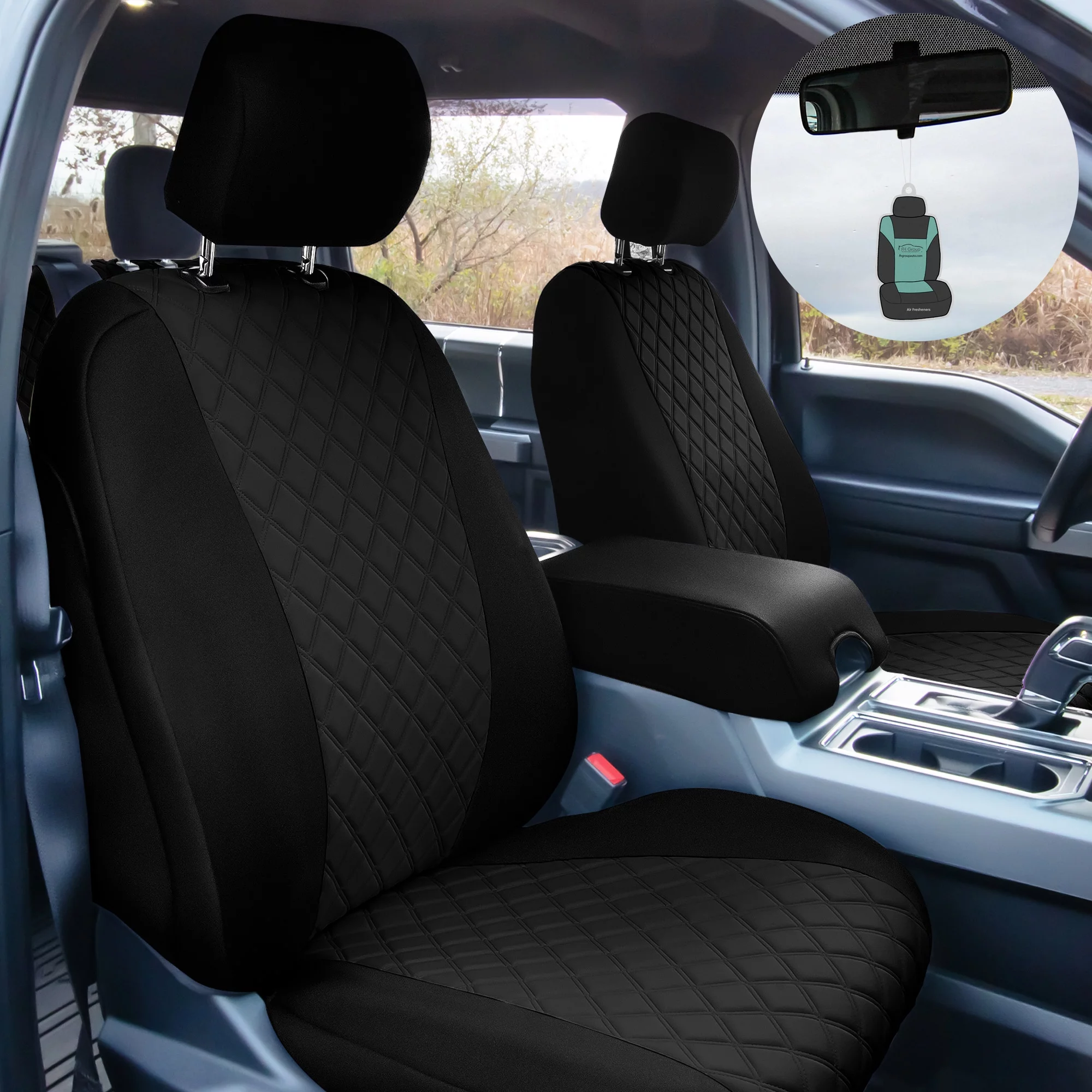 FH Group Custom Fit Neoprene Car Seat Cover for 2021-2023 ford F-150, F-250, F-350, F-450, Black Full Set Seat Covers with Air Freshener