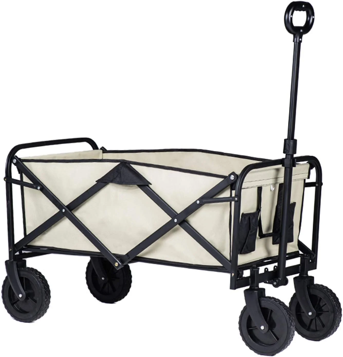 Carts Folding Large Capacity Camping Four-Wheel Handcart Outdoor Portable Picnic Trolley Adjustable Handle Shopping Baskets (Color : Black and Khaki, Size : 105 * 58 * 102cm)