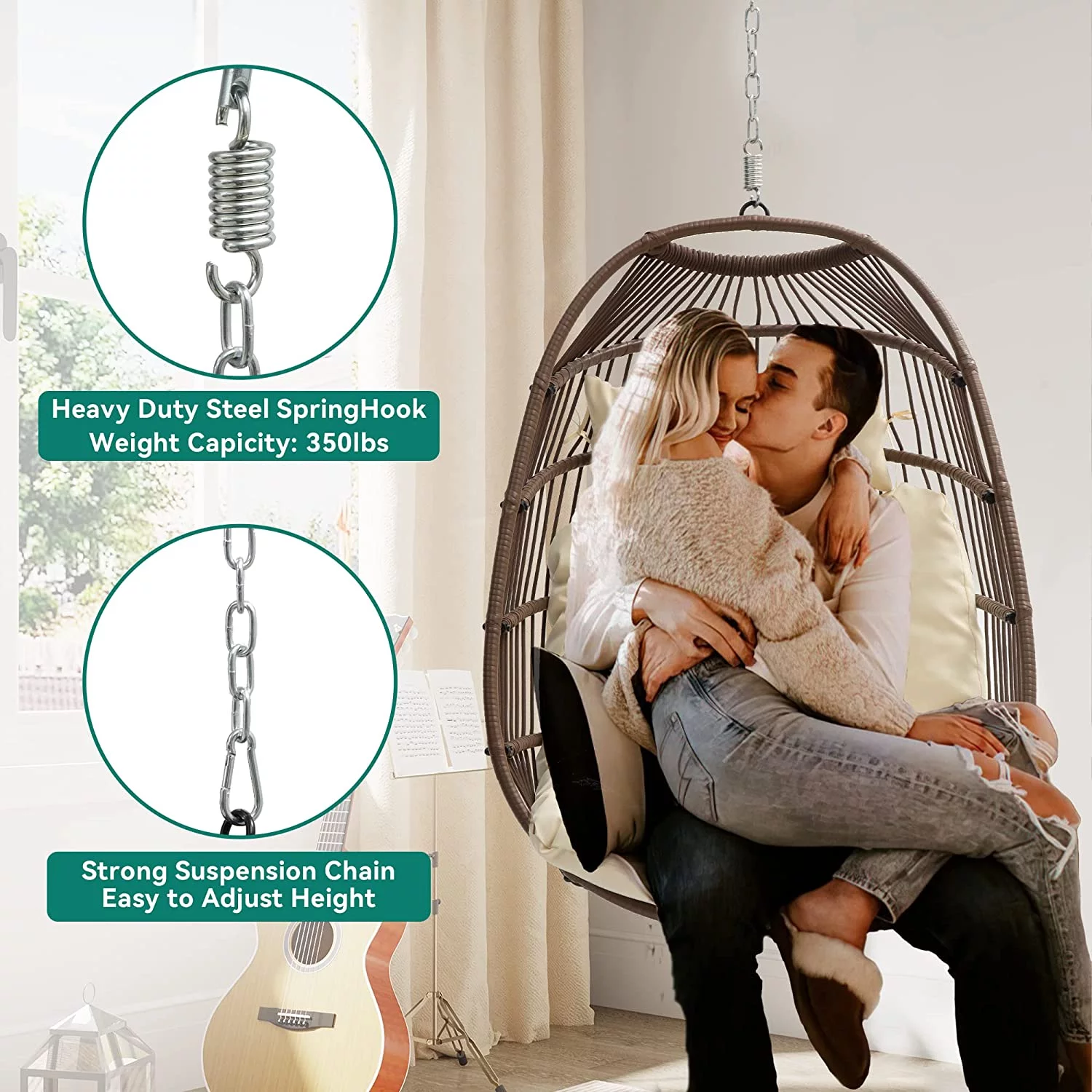 Dextrus Hanging Egg Swing Chair Without Stand UV Resistant Cushion 350lbs , Beige