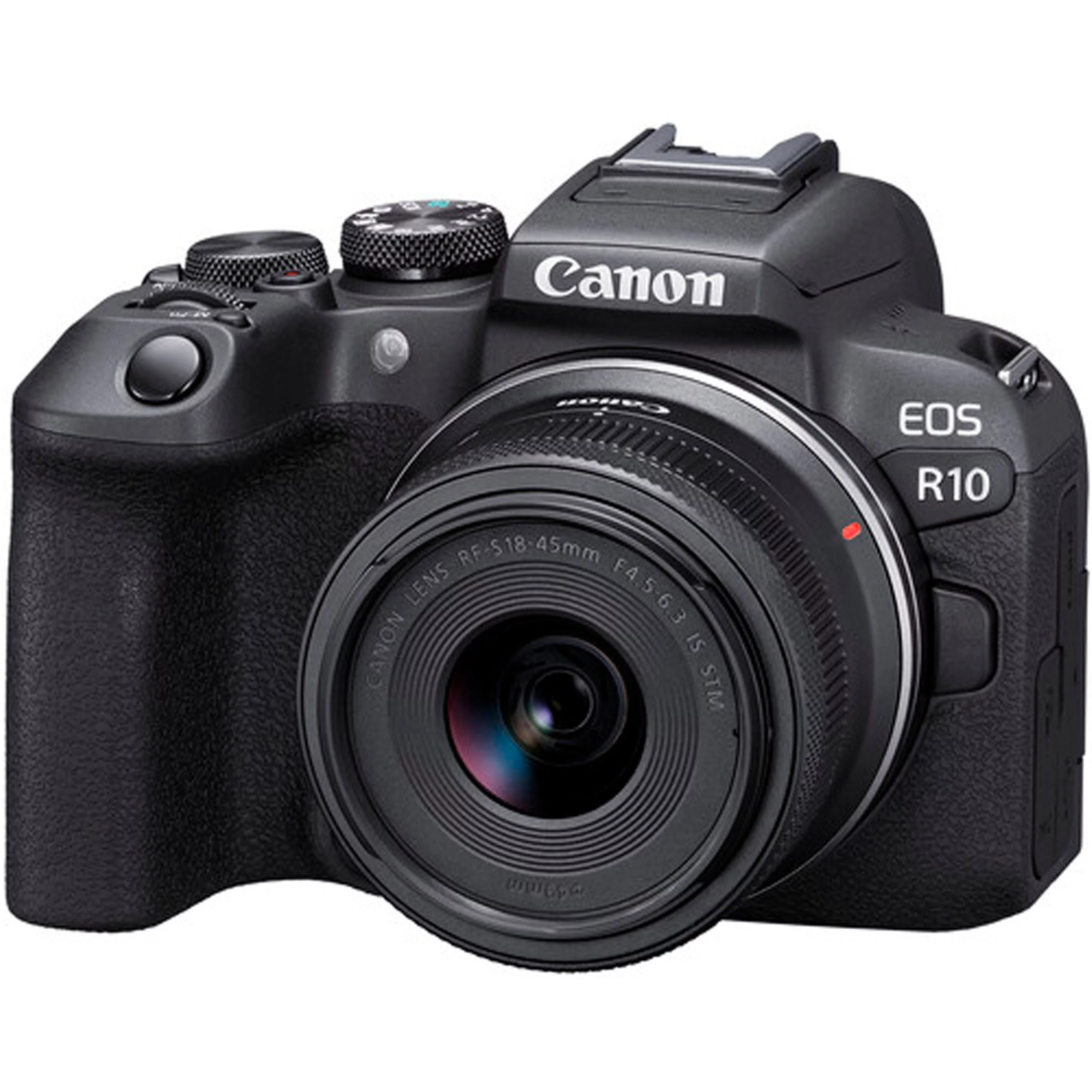 Canon EOS R10 Mirrorless Camera with Canon RF-S 18-45mm IS STM + EF 75-300mm f/4-5.6 III + RF 50mm f/1.8 STM + 500mm f/8 Focus Lenses + 2X 64GB Memory Cards, TTL Flash, Extra Battery, Case & More