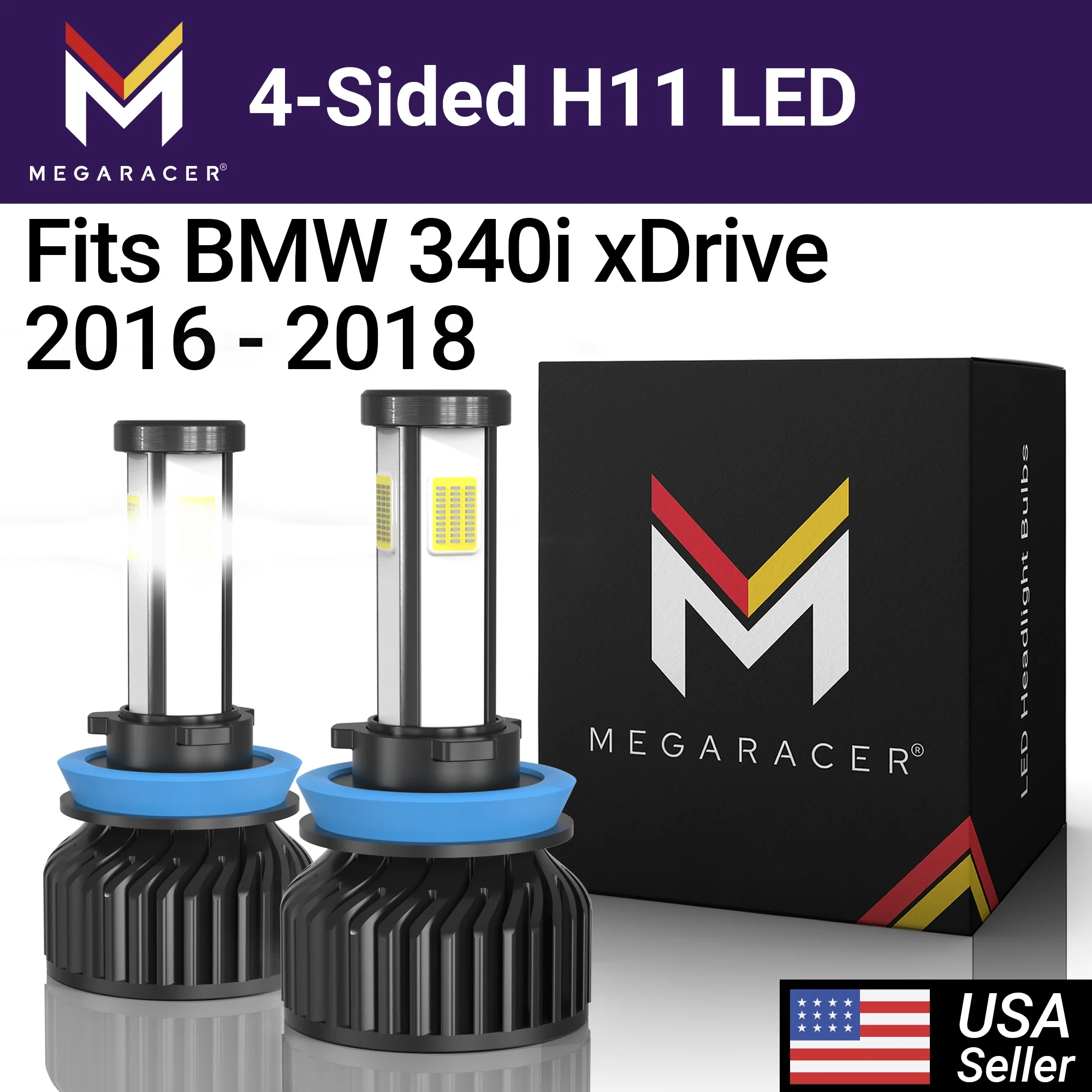 Mega Racer BMW 340i xDrive 4 Sided H11 H9 H8 LED Headlight Bulbs 6000K Diamond White 12V 60W 10000LM BMW 340i xDrive 2016 2017 2018 16 17 18 Fog Light Automotive Replacement