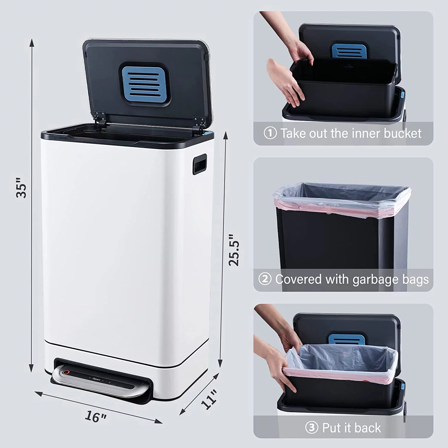 Trash Can, Stainless Steel Garbage Bin with Soft Slow Lid, Durable Pedal, Removable Plastic Inner Bucket Waste Bin for Office, Kitchen, 13.2 Gallon/50 Liter