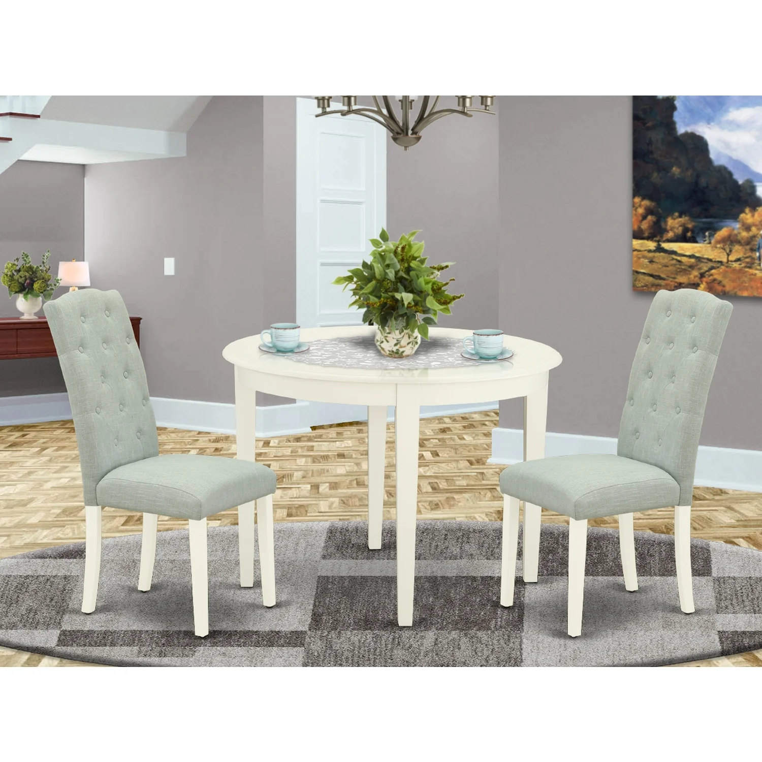 East West Furniture Boston 3-piece Wood Dining Set in Linen White/Baby Blue