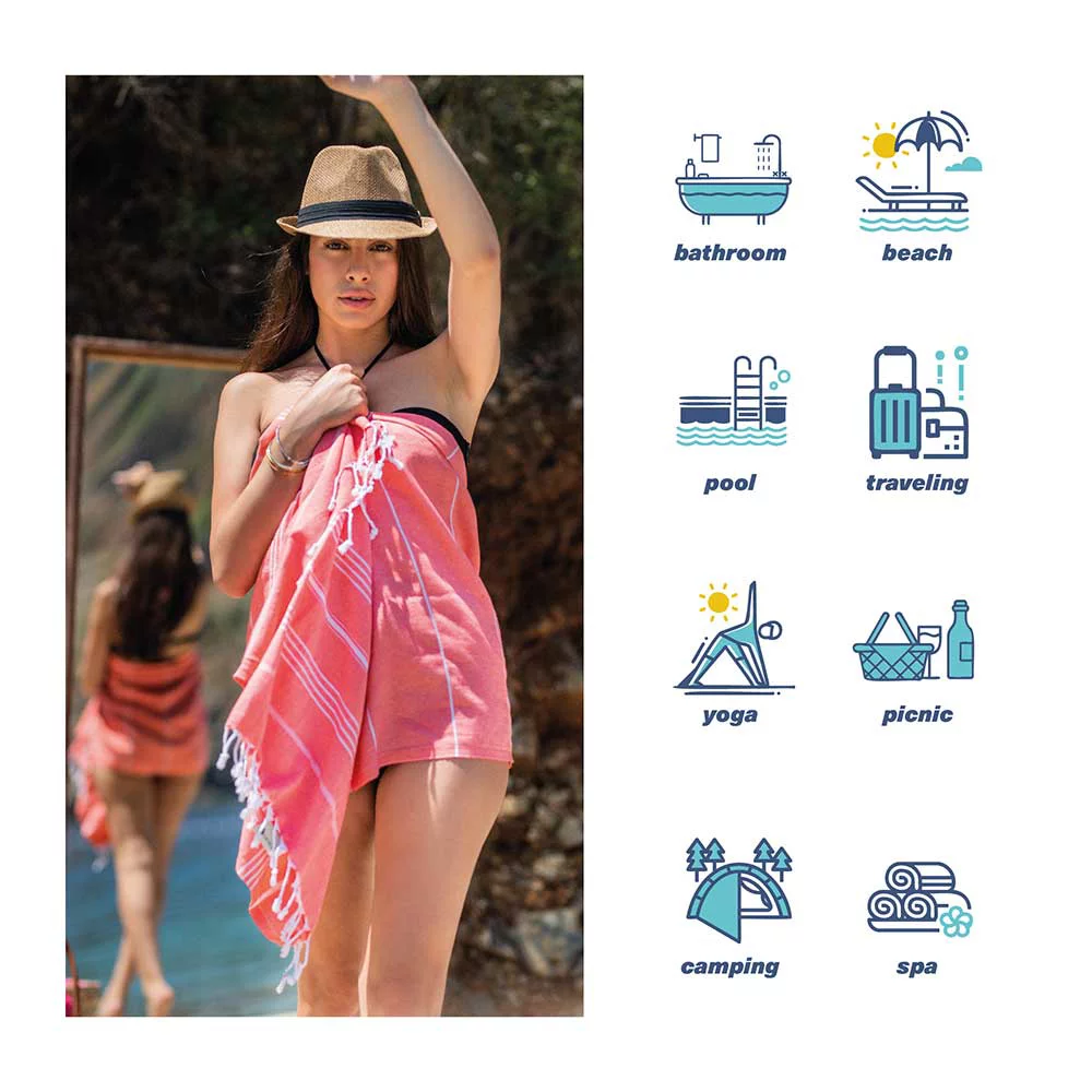 Hencely Large Beach Towel 37x70 inch Striped 100% Turkish Cotton - Red