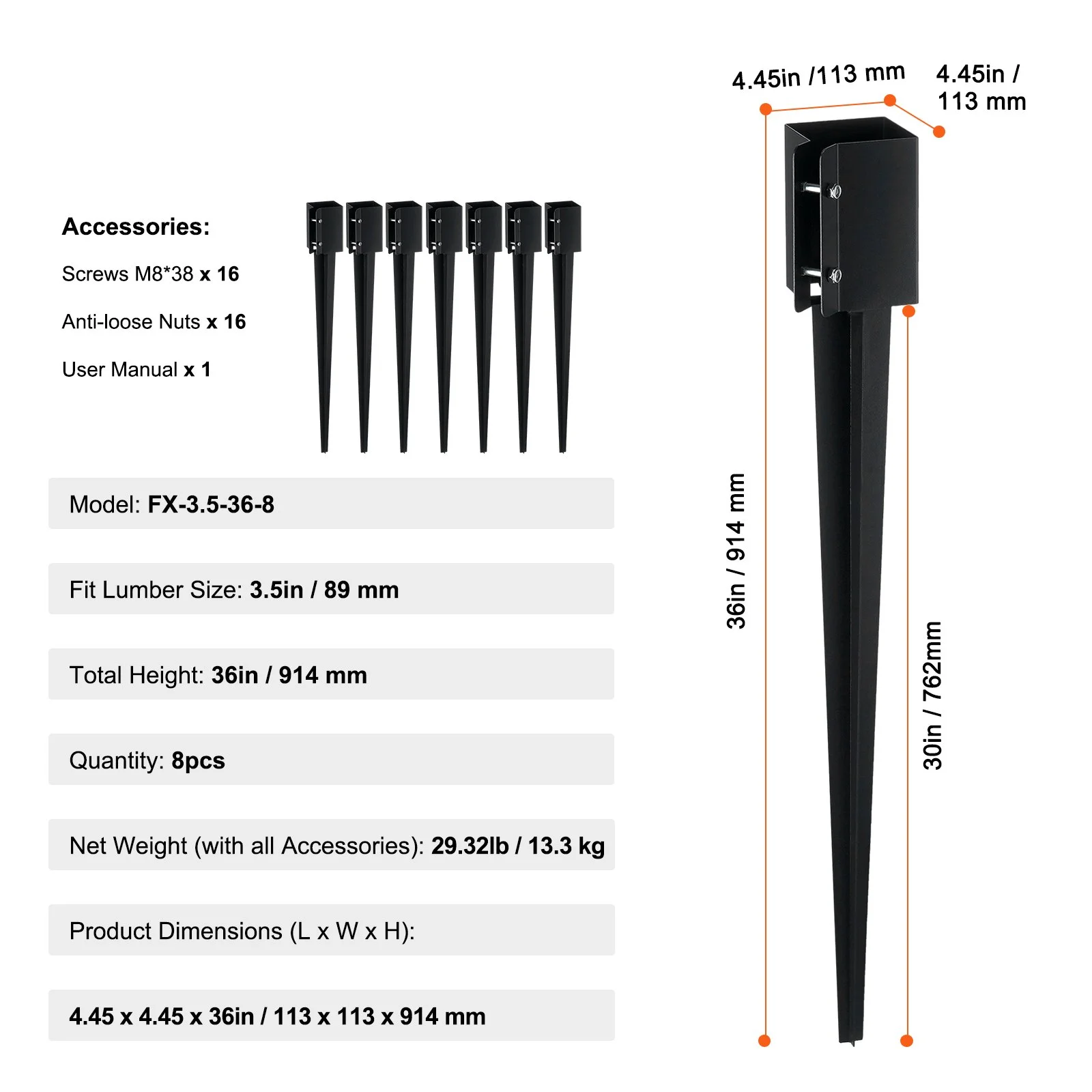 VEVOR Fence Post Anchor Ground Spike - 8 Pack, 36x4x4 Inches, Black Powder-Coated Metal, Fits 3.5x3.5 Inch Posts - Ideal for Mailbox, Deck, Garden Railing