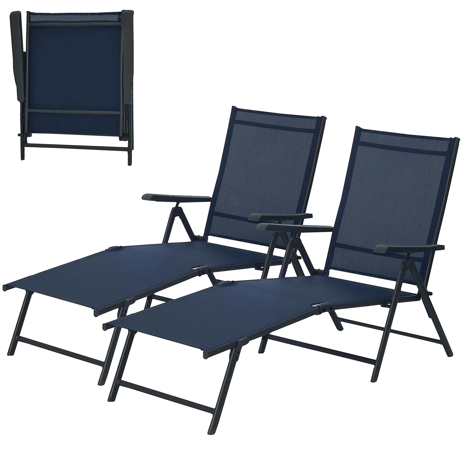 Outdoor Adjustable Patio Chaise Lounge Chairs, Folding Recliners with 5-Position Backrest, Durable Textilene Fabric, Set of 2 for Poolside, Beach, and Backyard - Navy Blue