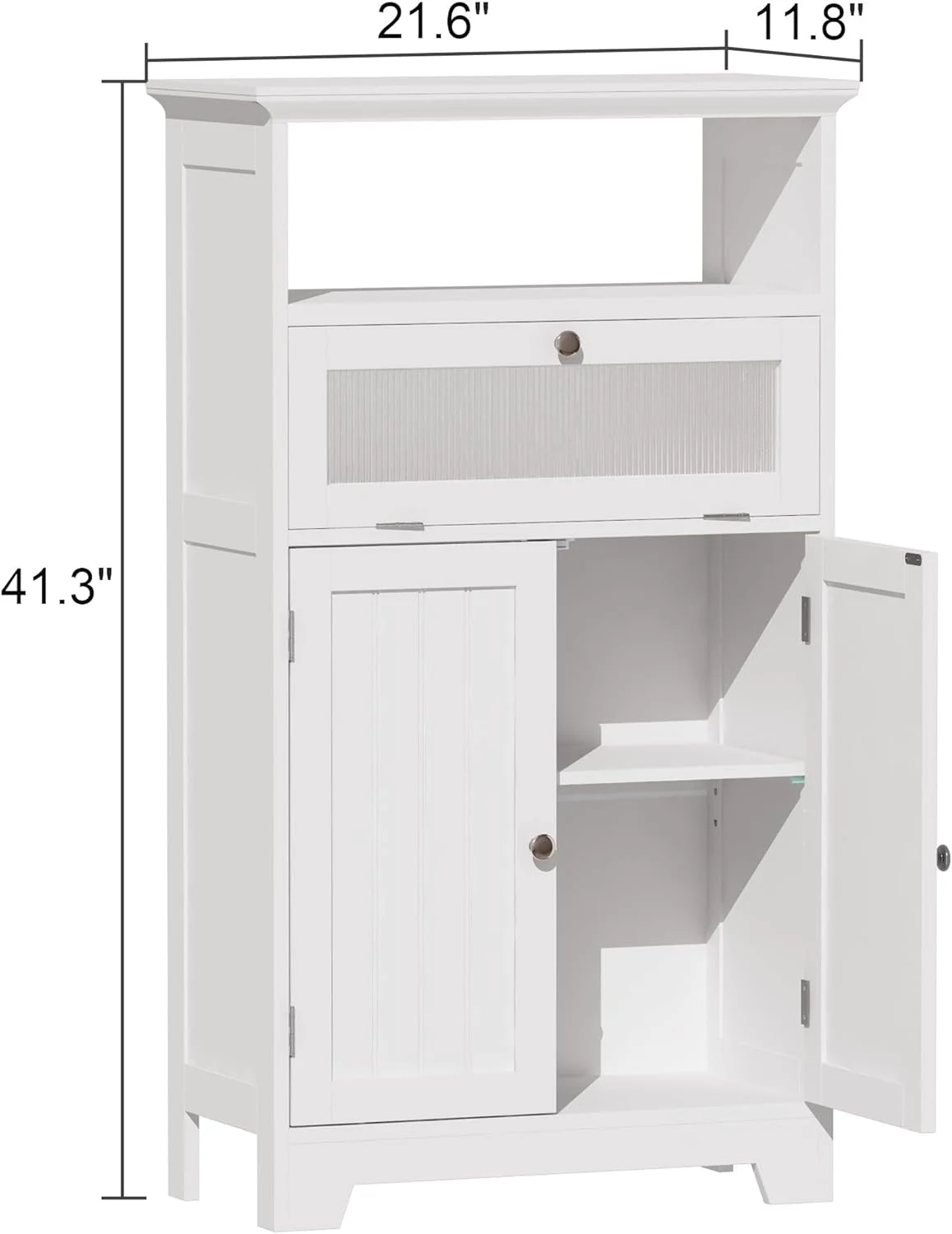 YILAN Bathroom Floor Storage Cabinet with Flip Glass Drawer, Bathroom Cabinets Freestanding with 2 Doors Adjustable Shelf & Open Storage for Bathroom, Living Room, Hallway, White