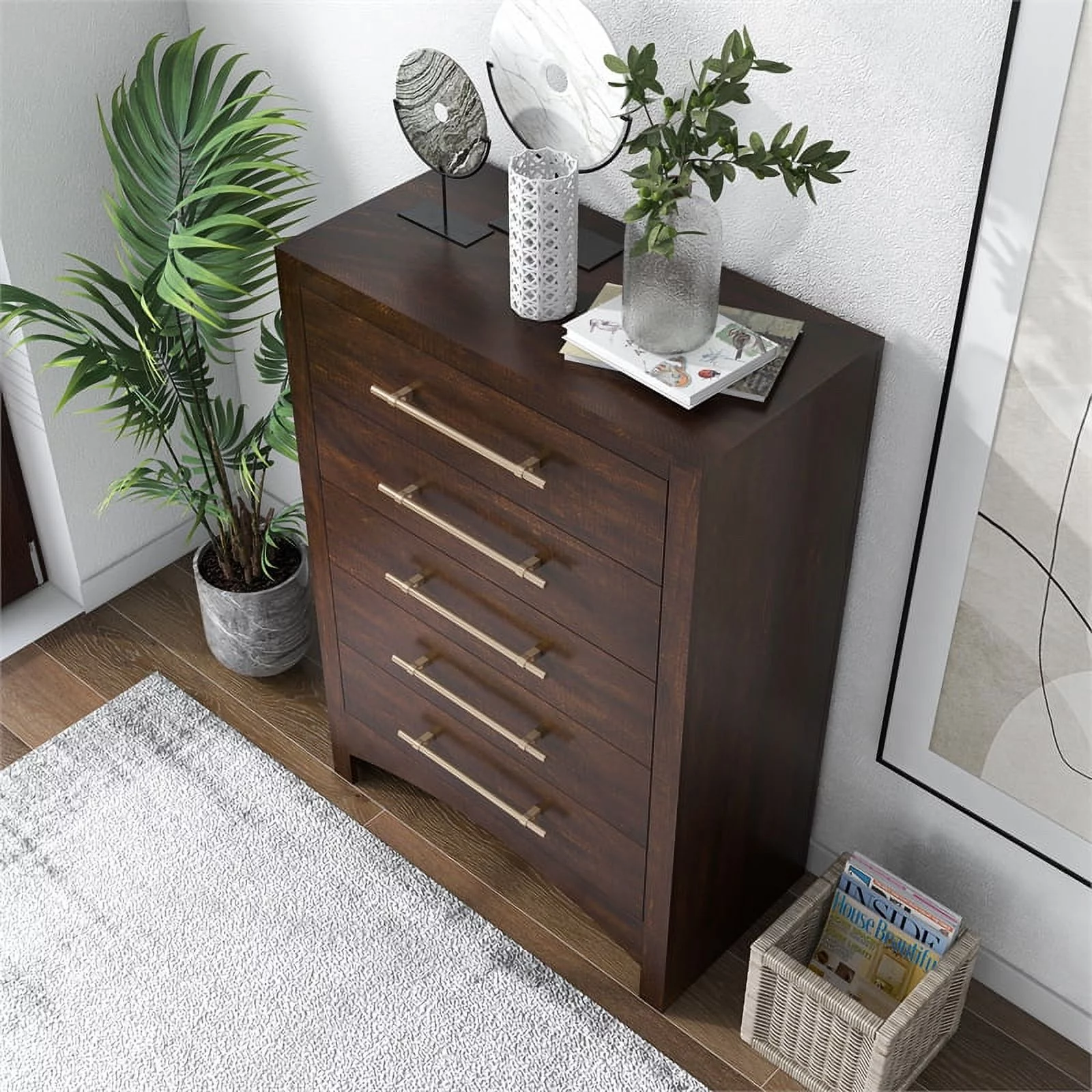 Home Square 3-Piece Set with 2 Nightstands and 5-Drawer Chest in Walnut
