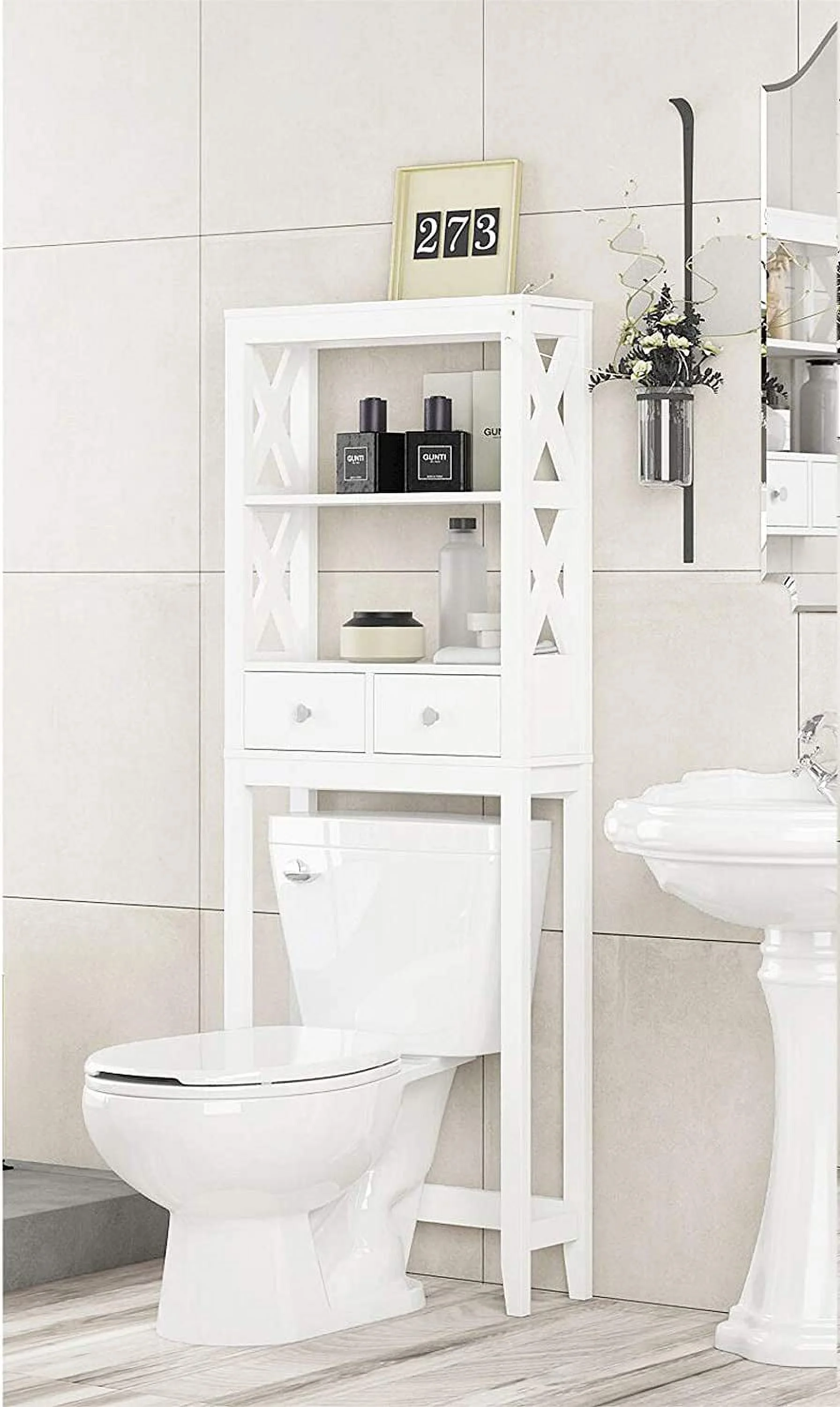 GOURE Over Toilet Storage Shelf with Drawers, X- Frame Over The Toilet Cabinet for Bathroom Storage, Above Toilet Storage Cabinet, White