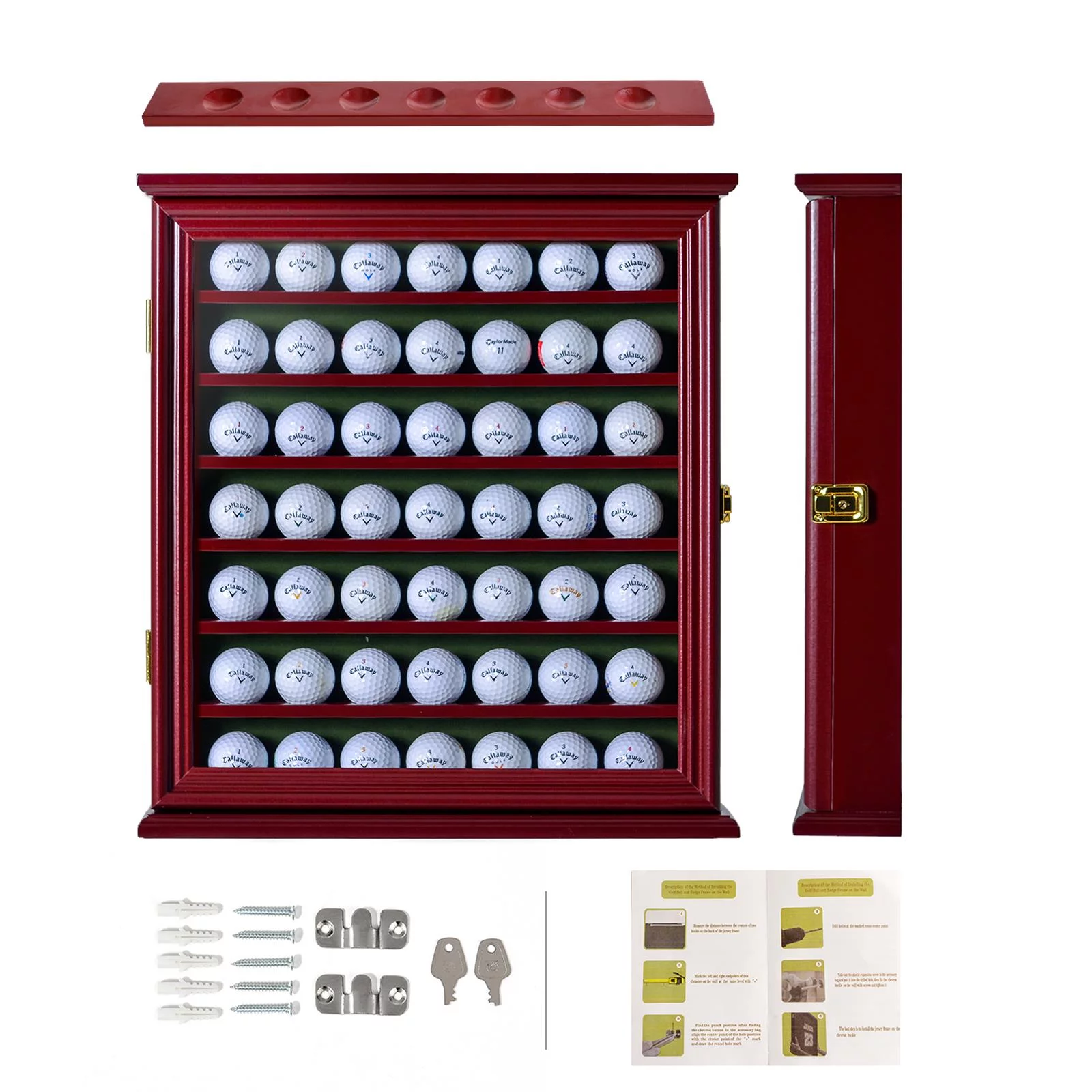 Zimtown Wall Mount 49 Golf Ball Display Holder Cabinet, Golf Enthusiasts with Lockable Door, Black/Walnut