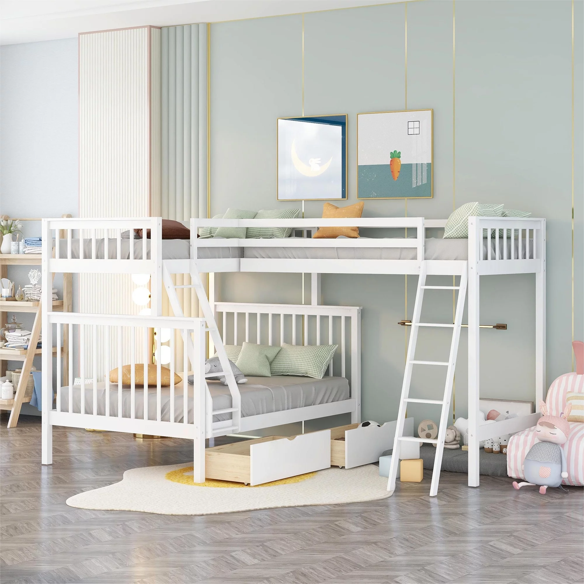 L-Shaped Twin over Full Bunk Bed and Twin Loft Bed with Drawers for Kids, White