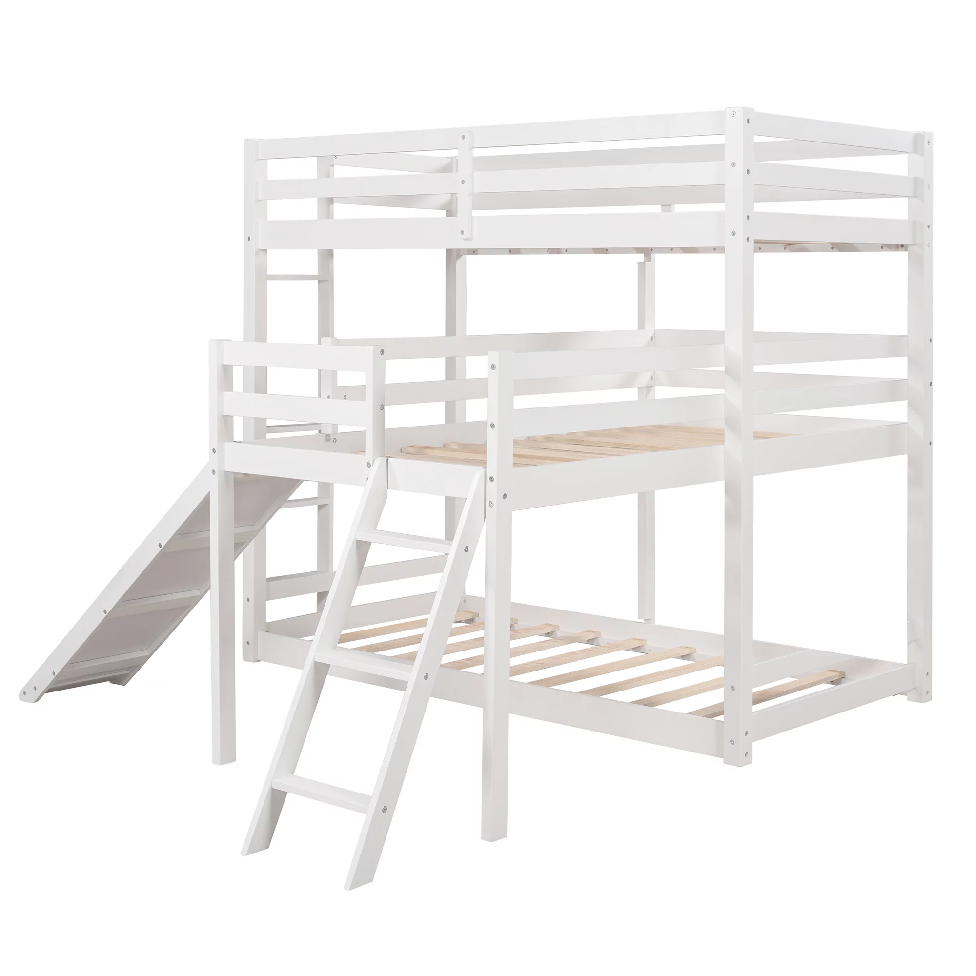 Euroco L-Shaped Twin Over Twin Over Twin Bunk Bed, Triple Bed with Slide & 2 Ladders, White