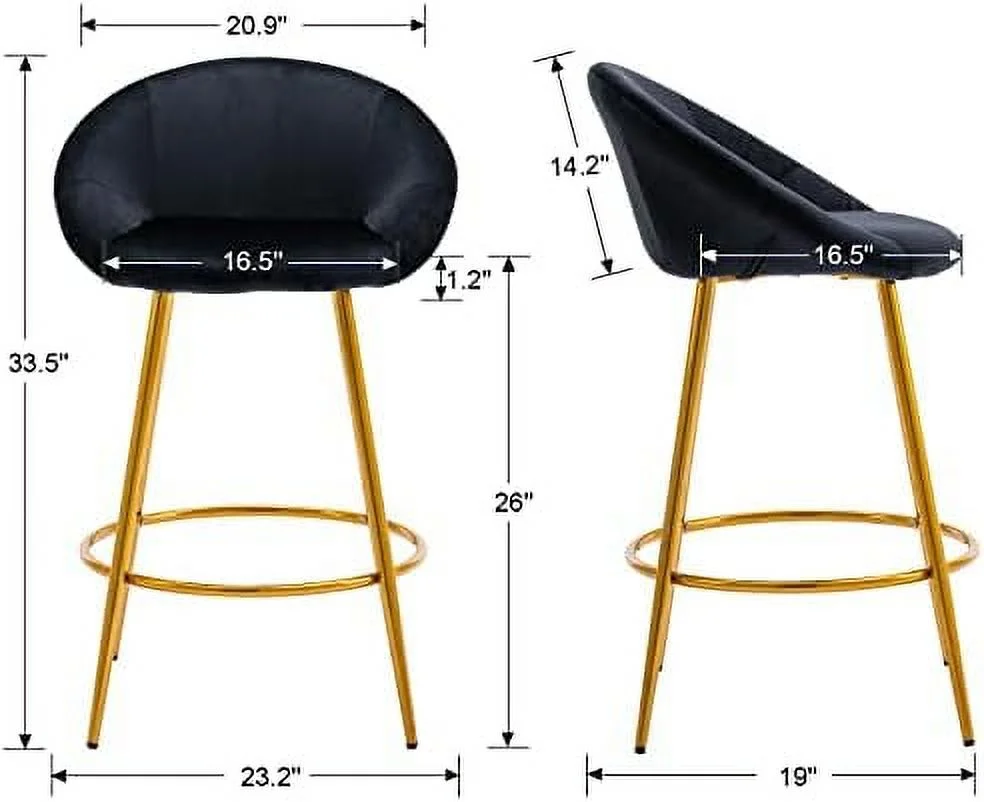 JOMA  Stools Set of 4  26 Inches Counter Height  Chairs with Back  Velvet Upholstered Kitchen Island Chair Barstools with Gold Legs for Dining Room  Coffee Shop  Black