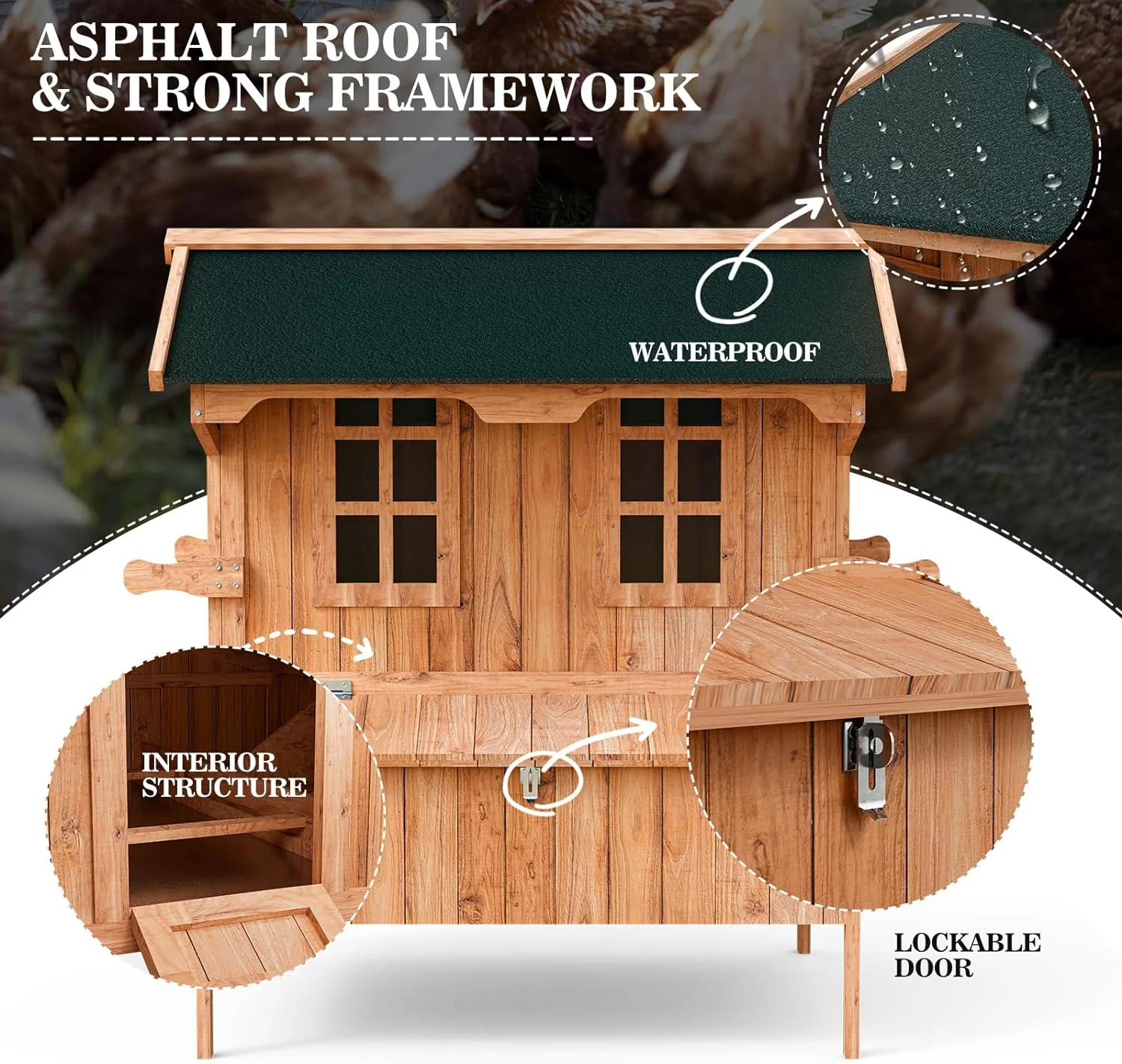 Oarlike Chicken Coop Wooden Outdoor Chicken Hen House with Nesting Box and Leakproof Pull-on Tray, Poultry Cage Duck Coop with Waterproof Roof